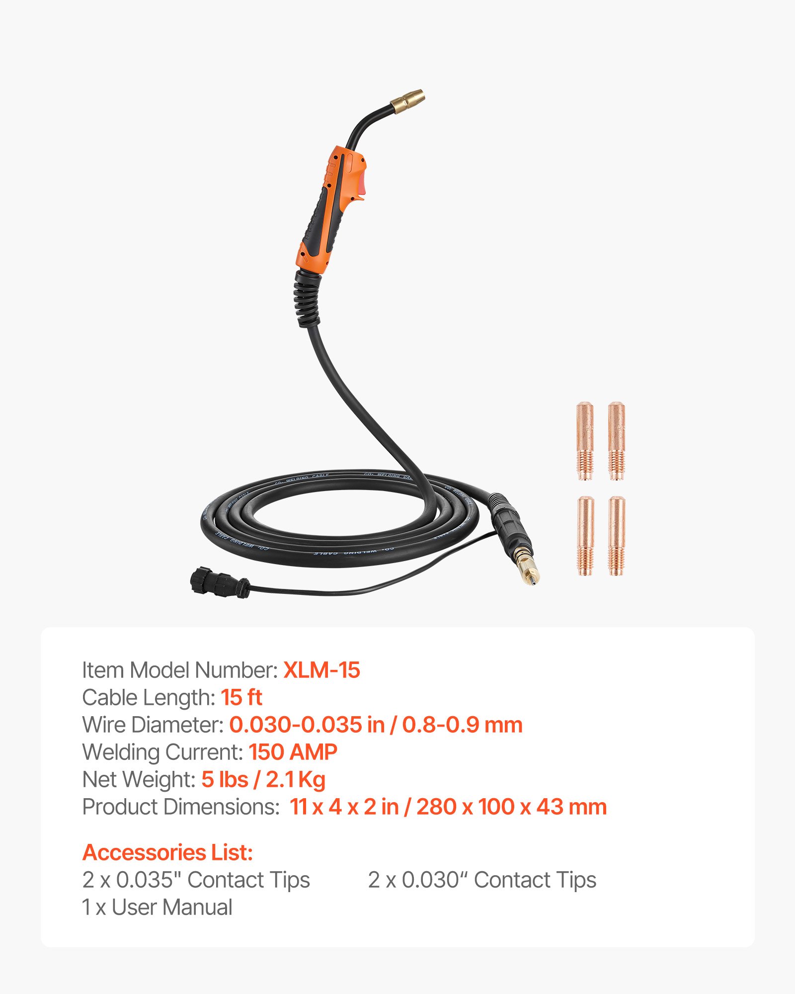 150A MIG Welding Gun With 15FT Cable, Replacement For Miller M-15/M-150 (249041) - With 5PCS Mig Welding Contact Tips