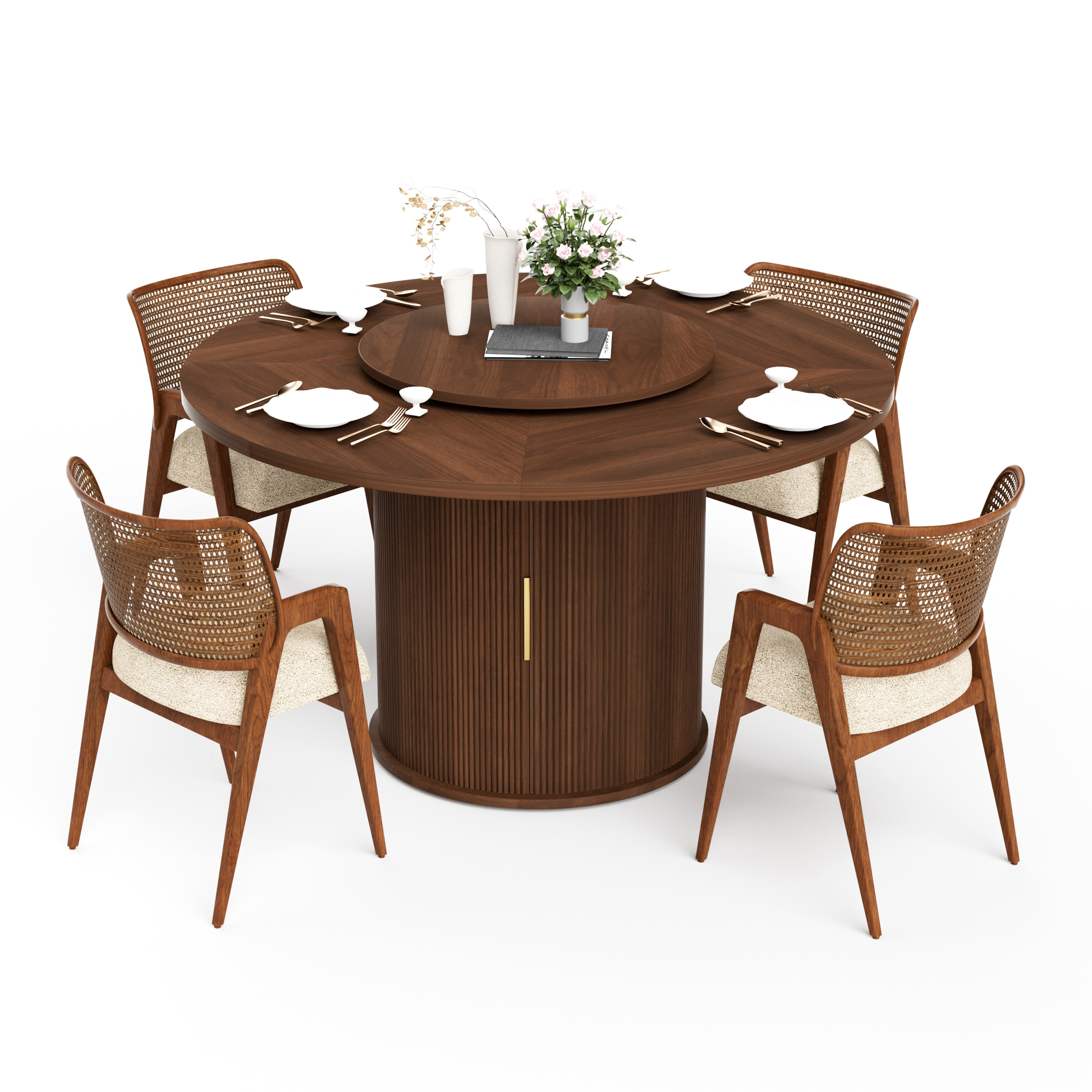 55-inch Round Dining Table For Six, Featuring A Double-tiered Storage Rack And A Rotating Tabletop Tray. Wooden Wavy-striped Sliding Doors. Ideal For Home Dining Room Living Room Walnut