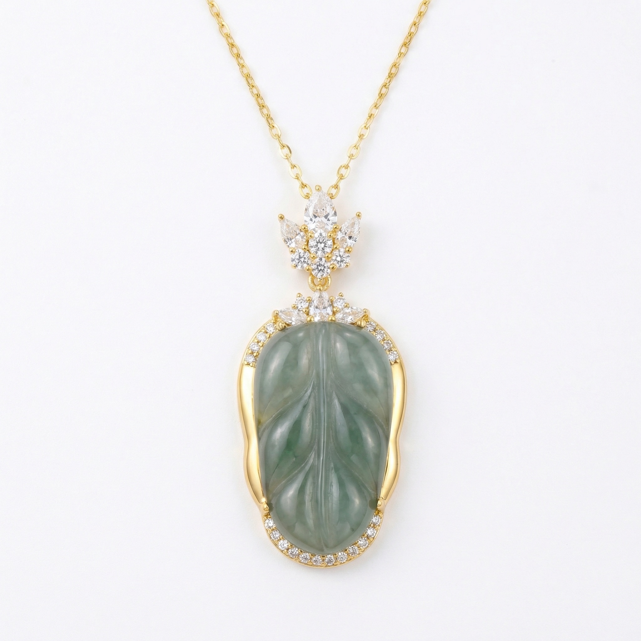 925 Sterling Silver Elegant Leaf-Shaped Green Jadeite Pendant Necklace with Sparkling Gemstone Accents 