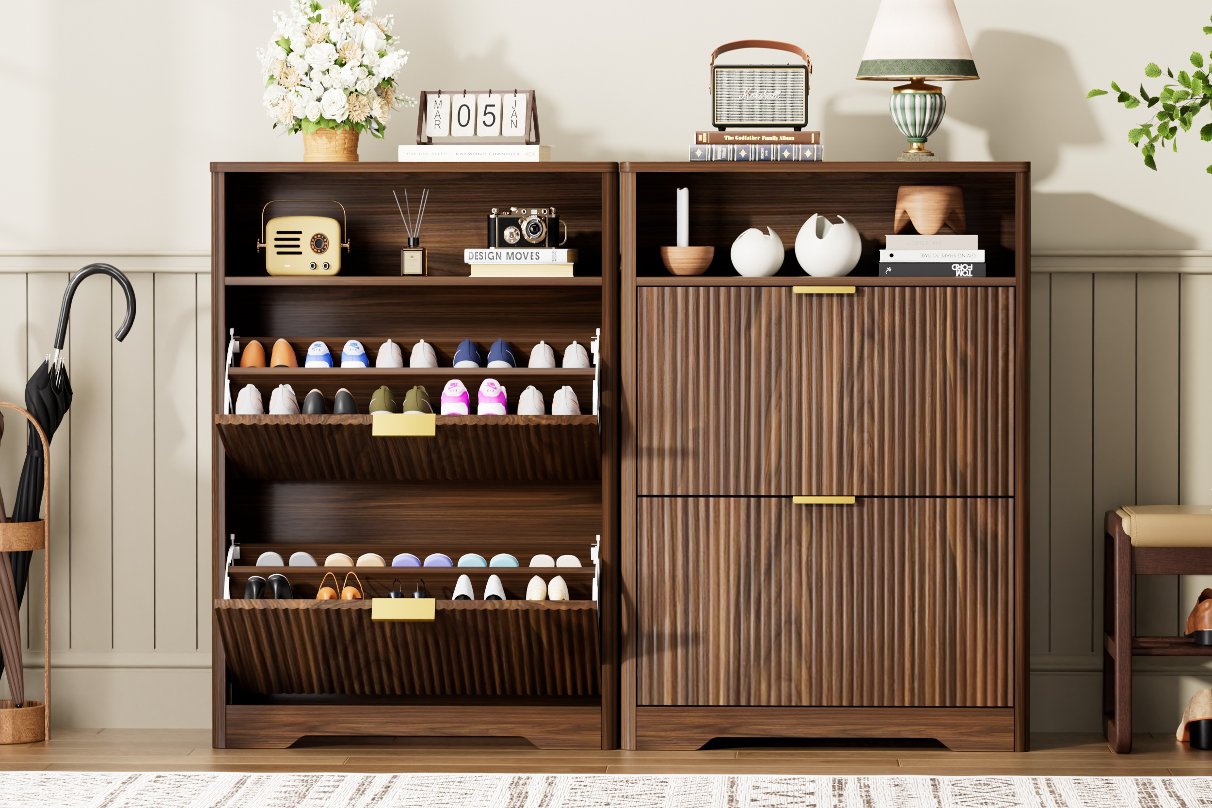 Shoe Cabinet Storage For Entryway Hidden Shoes Storage Cabinet With 2 Flip Drawers, Tall Free Standing Shoe Organizer Rack For Foyer, Hallway. Walnut,31.6  L X 9.6  W X 40  H.