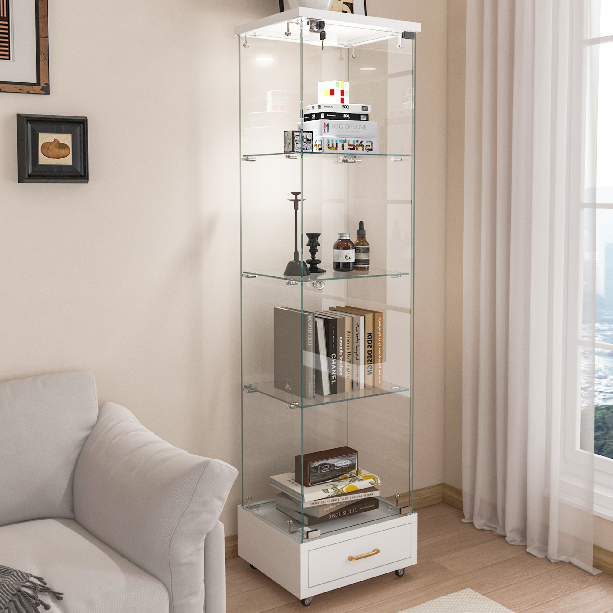 Modern Glass Display Cabinet With Drawer , Quick-assembly Antique Cabinet With LED Lights, Tempered Glass Bookshelf,  1-Door Storage Case With 4 Shelves  For Living Room And Bedroom, White