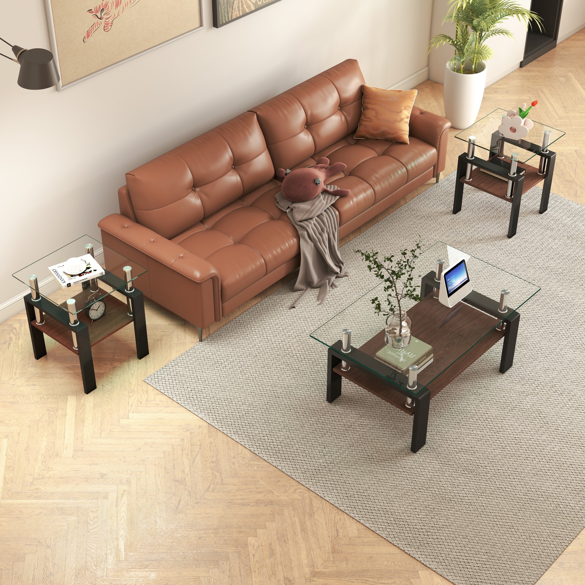 Set Of 2 Modern Tempered Glass Tea Table,Tempered Glass Tabletop With MDF Layer,Coffee Table,End Table, Square Table For Living Room, Transparent Black_voghion.com