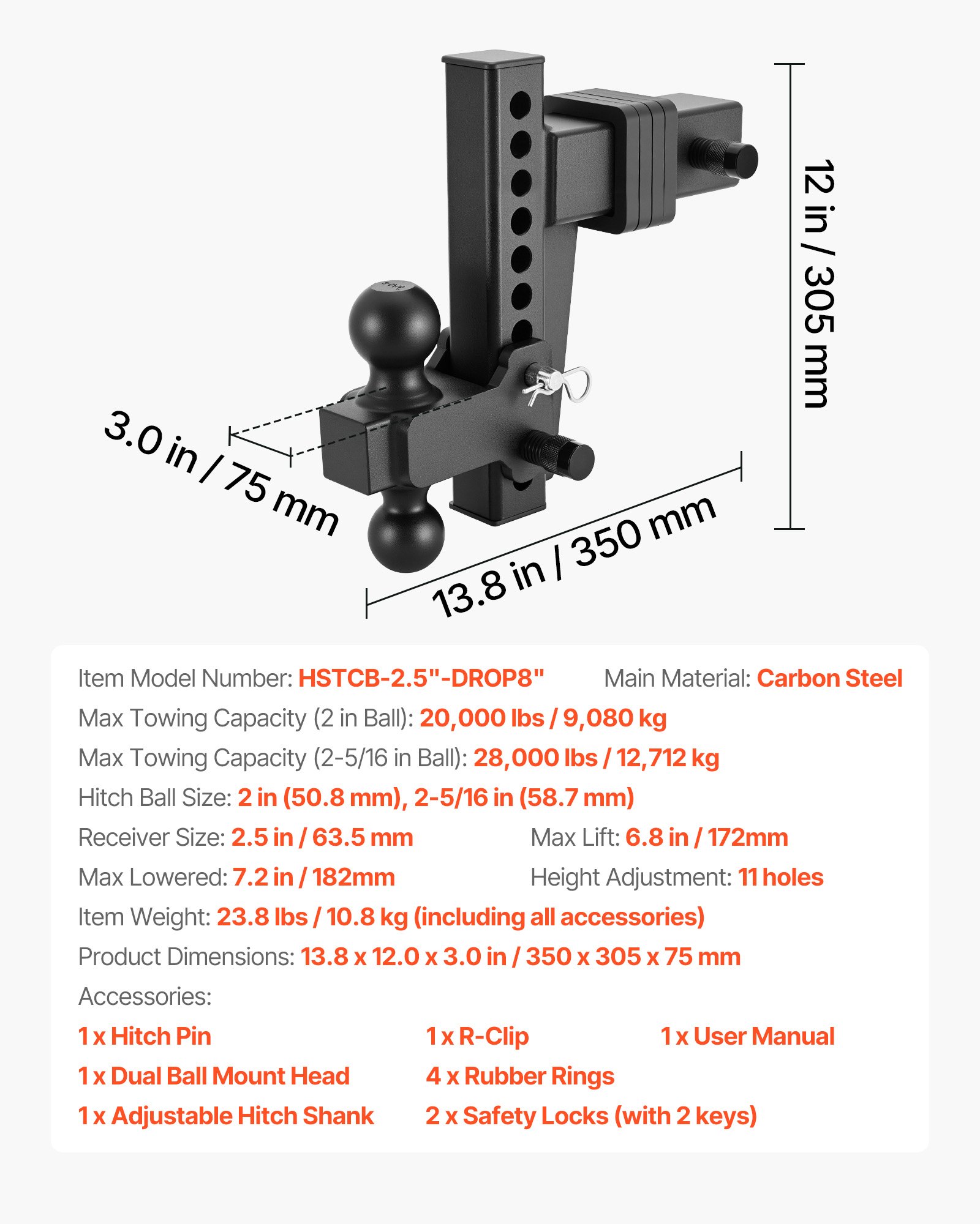 Adjustable Trailer Hitch, Fit 2.5 Inch Receiver, Trailer Hitch Mount With 2 Inch & 2-5/16 Inch Balls, 28000 Lbs GTW, 8 Inch Drop, Towing Ball Mounts For RVs, Off-Road Vehicles And Trucks, Black