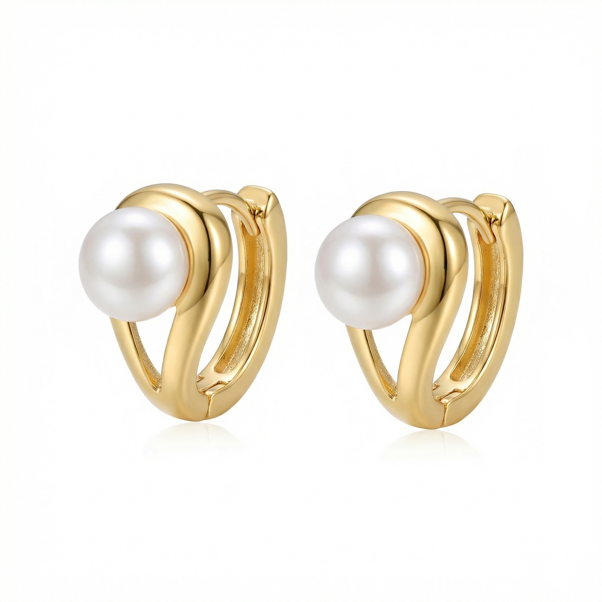 925 Sterling Silver Elegant Lustrous Pearl Huggie Hoops Featuring A Polished Curved Design 