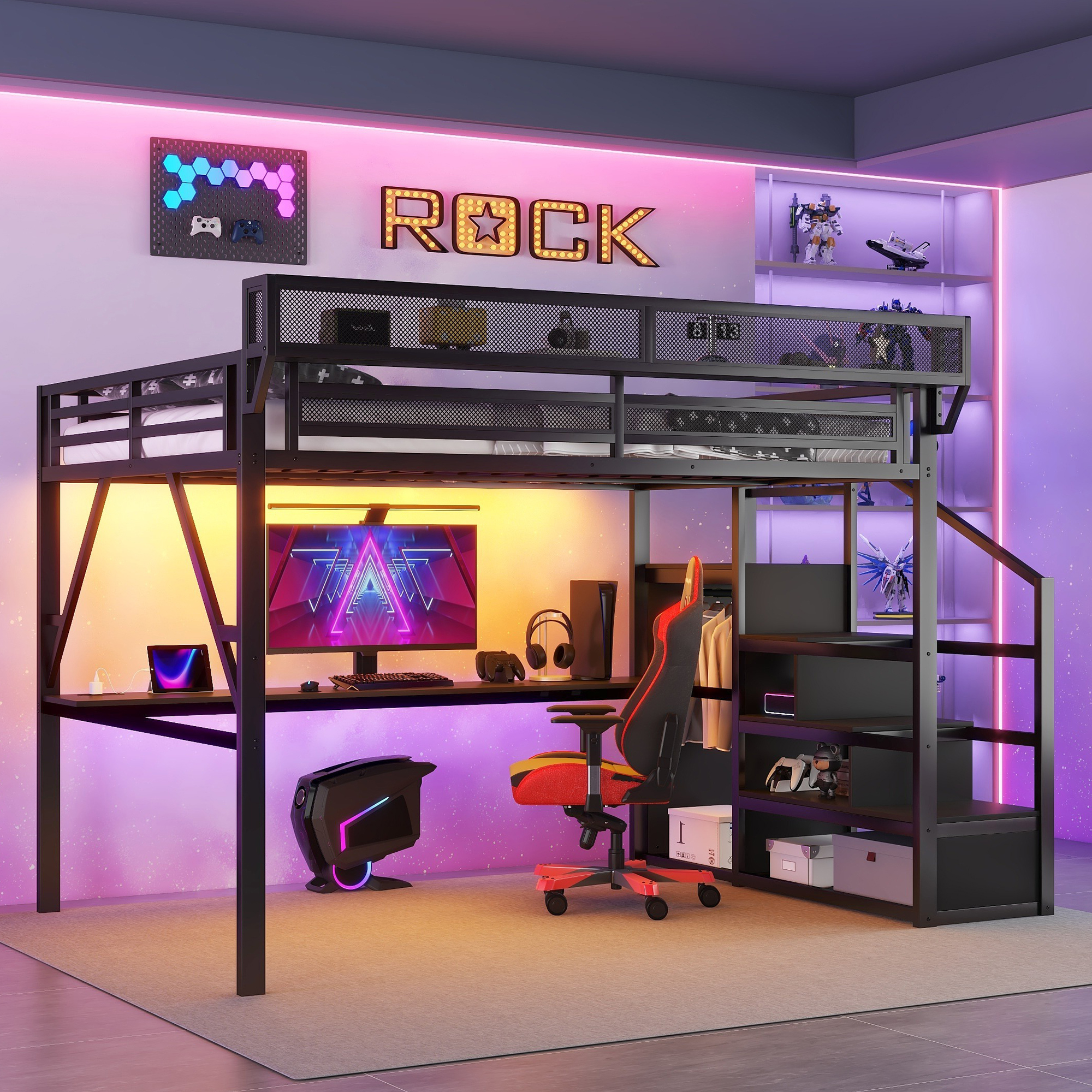 Queen Loft Bed With Desk And Charging Station, Queen Size Metal Loft Bed With Stairs And Light For Kids Teens, Black