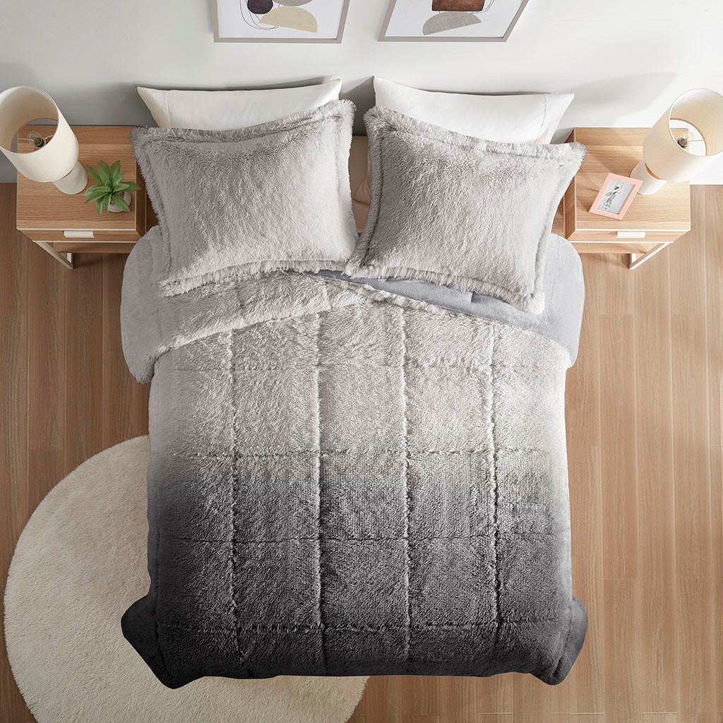 Full Queen Ombre Shaggy Long Fur Comforter Mini Set image 2