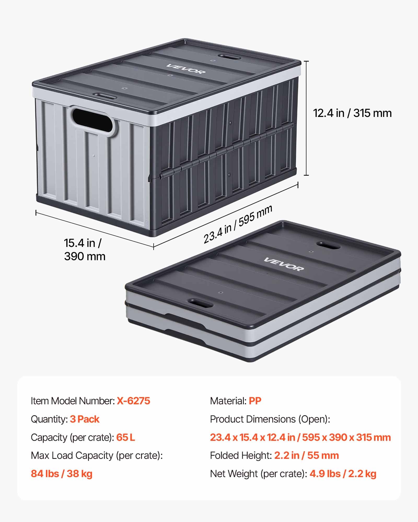 Plastic Collapsible Storage Bins With Lids, 65L 3 Packs, Stackable Folding Storage Crates With Handles, Holds 84 Lbs Per Bin, Heavy Duty Containers, Space-Saving Baskets, For Home Organizing