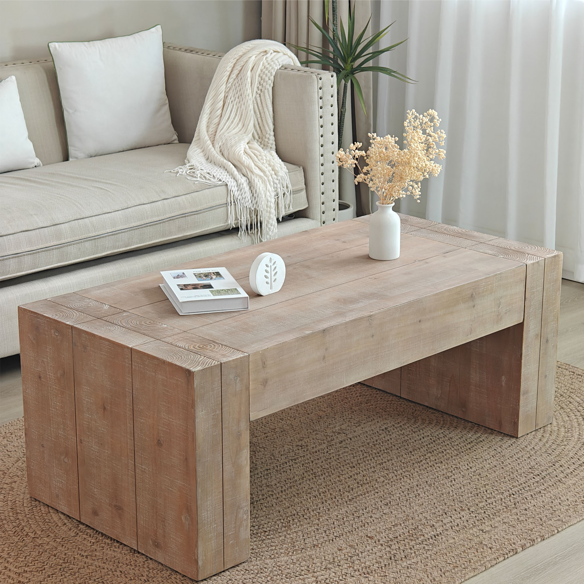 Rustic Wood Coffee Table, 49in Modern Farmhouse Rectangular Table For Living Room