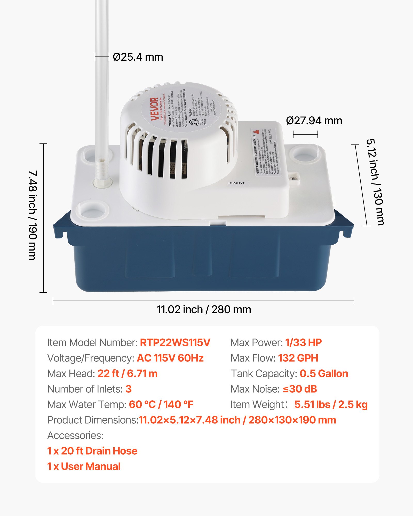 Condensate Pump, 1/33 HP, 100 GPH, 22 Ft Lift, 115V Automatic Condensation Removal Pump With Safety Switch & 20 Ft Tubing, For Air Conditioner, Dehumidifier, HVAC, Furnace, Ice Maker Water Drain