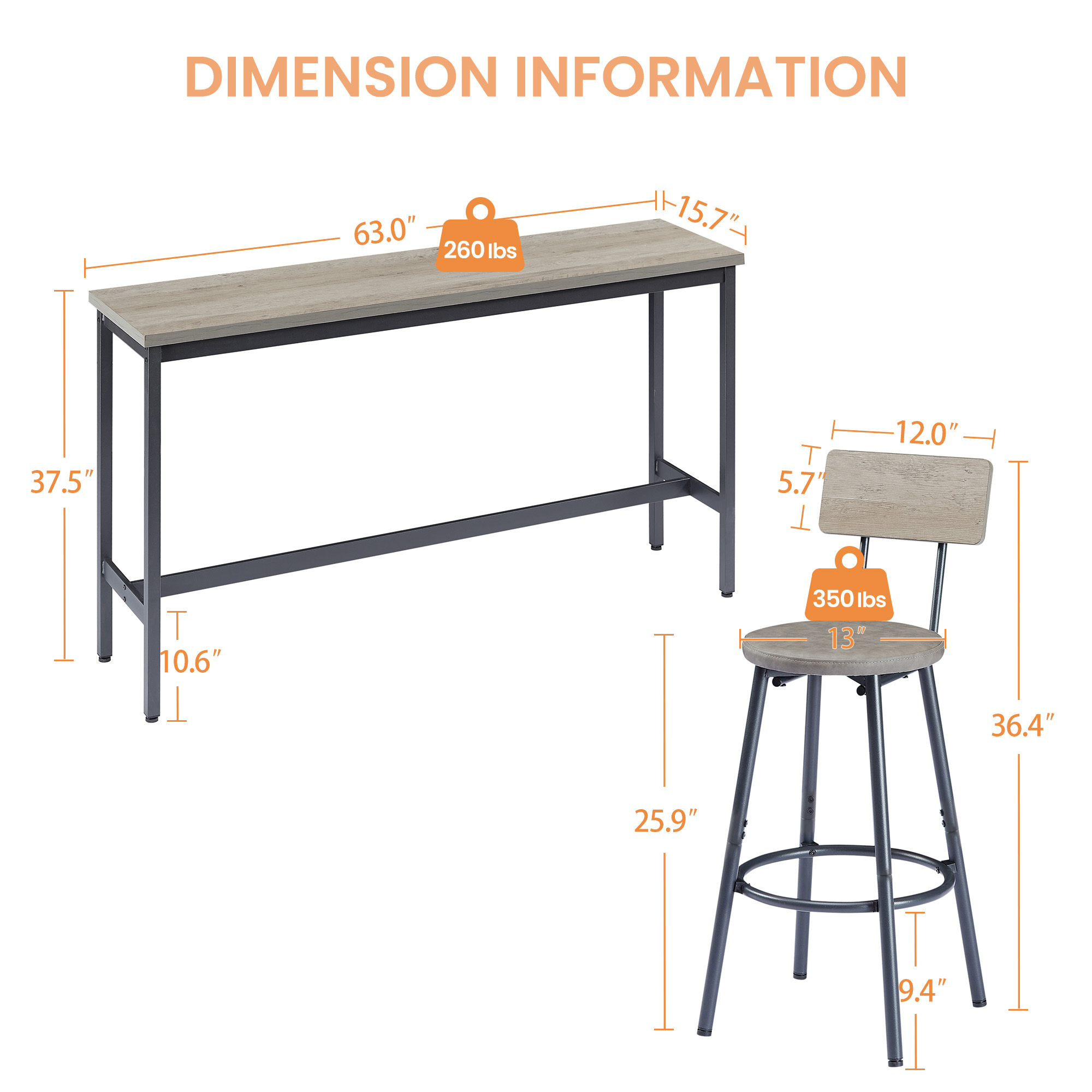 Long Bar Table Set With 3 PU Upholstered Bar Stools, Industrial Bar Table And Chairs For Kitchen Breakfast Table, Living Room, Banquet Hall, Rustic Gray And Black, 63inL X15.7 W X 37.5 H