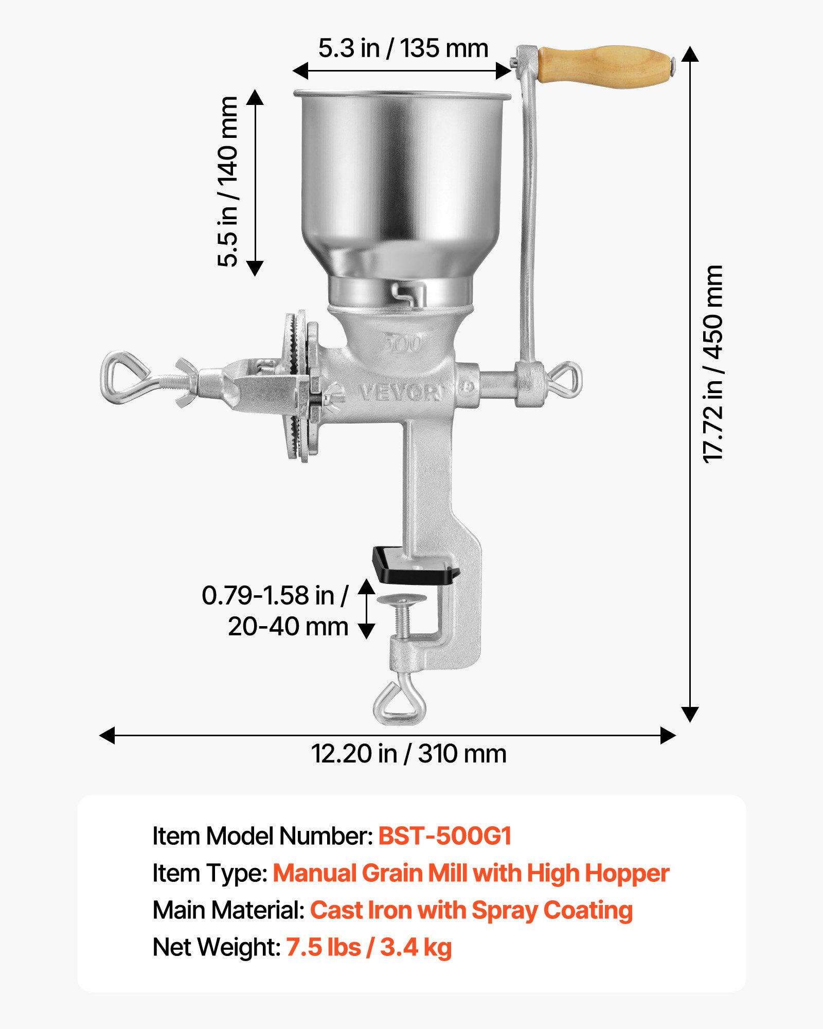 Manual Grain Mill With High Hopper, Hand-Crank Corn Grinder, Heavy Duty Cast Iron Wheat Grinding Mill With Stable Table Clamp For Grains Spices Coffee Beans Nuts