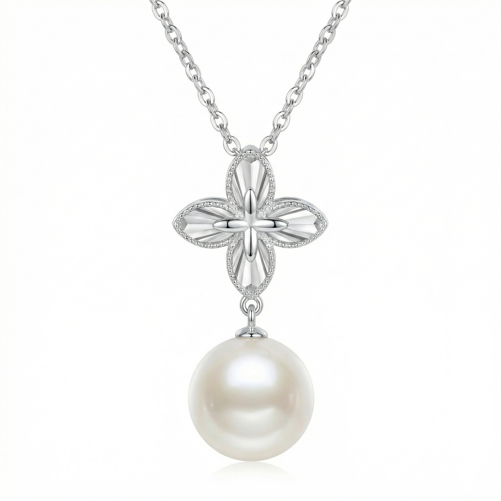 925 Sterling Silver Elegant Silver Four-Petal Flower Pendant Necklace with a Lustrous White Pearl  - Image 1