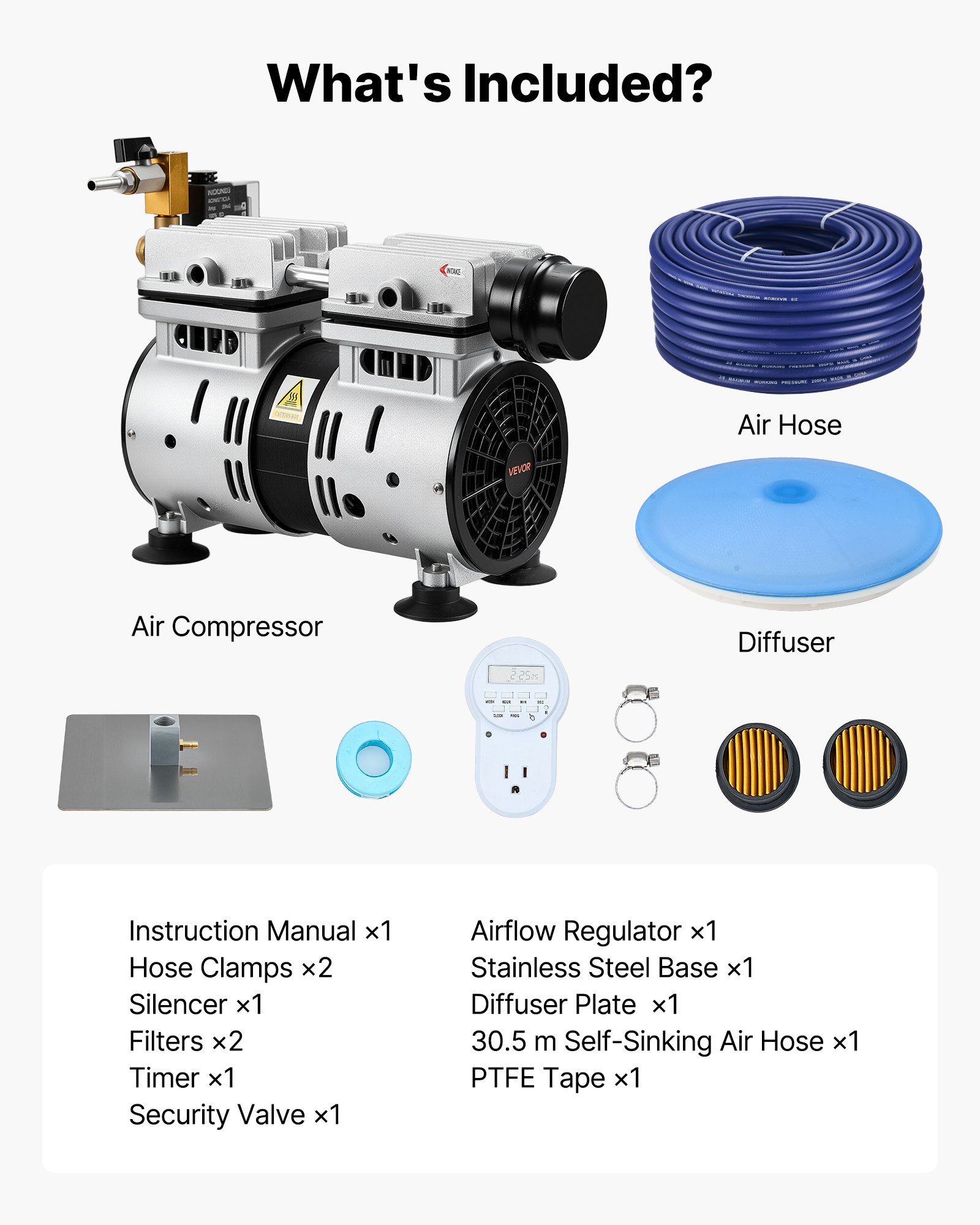 Pond Aerators, 5.2CFM Aeration System For Lakes Up To 3 Acres, 3/4 HP Air Compressor, 1 Diffuser & 100' Weighted Tubing, Outdoor Pond Aeration Pump For Deep Water Oxygen Circulation