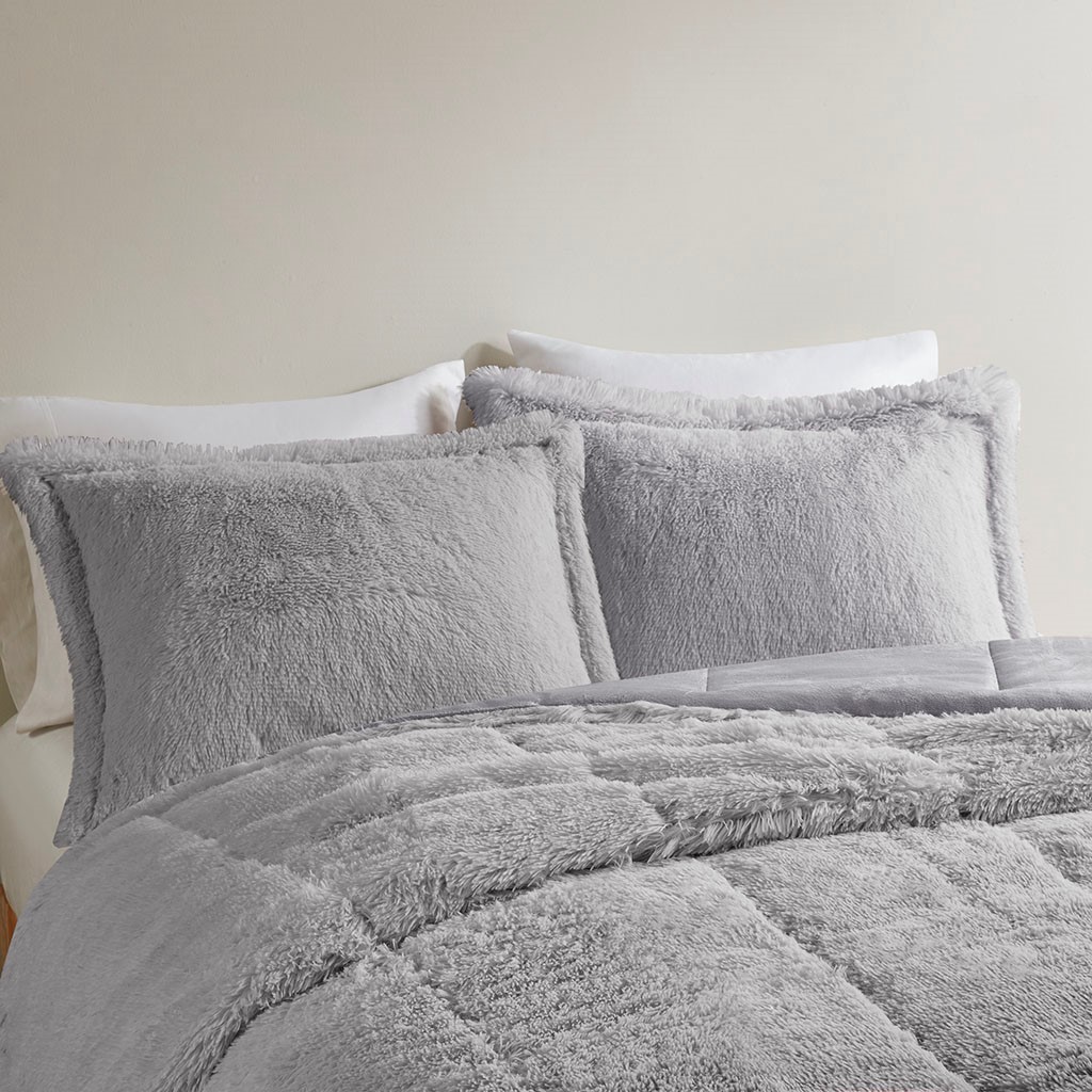 Full Queen Ombre Shaggy Long Fur Comforter Mini Set image 3