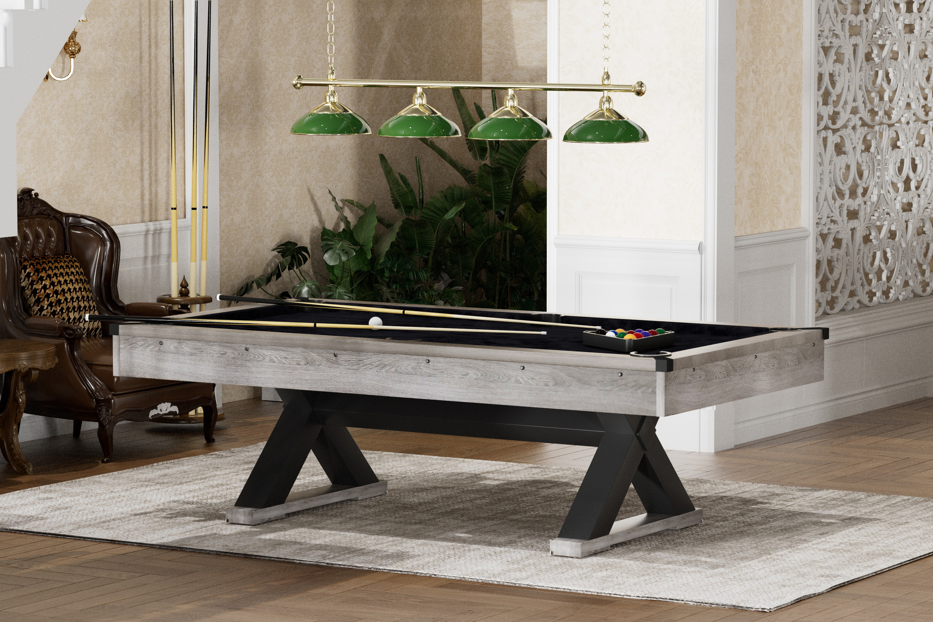 84  Pool Table With Billiard Balls, Cues, Pool Cue Chalk, Cleaning Brush, X-Legs, Black Cloth, Rustic Grey,84.1 L X 46.5 W X 32 H