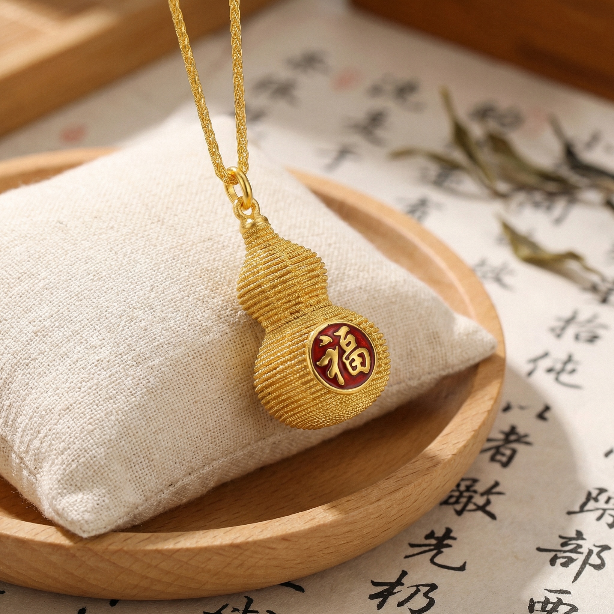 925 Sterling Silver Auspicious Woven Hu Lu Gourd Pendant Necklace with Crimson Prosperity Emblem