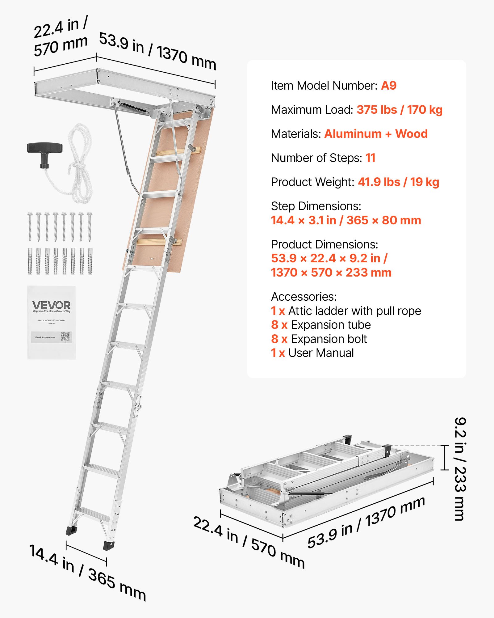 Aluminum Attic Ladder, Fits 9.8'-10.3'/7.66'-9.8' Ceiling Height, 54" X 22.5" Opening, 375 Lbs Load Capacity, Multi-Purpose Foldable Lightweight And Portable Attic Stairs For Convenient Access - Image 1