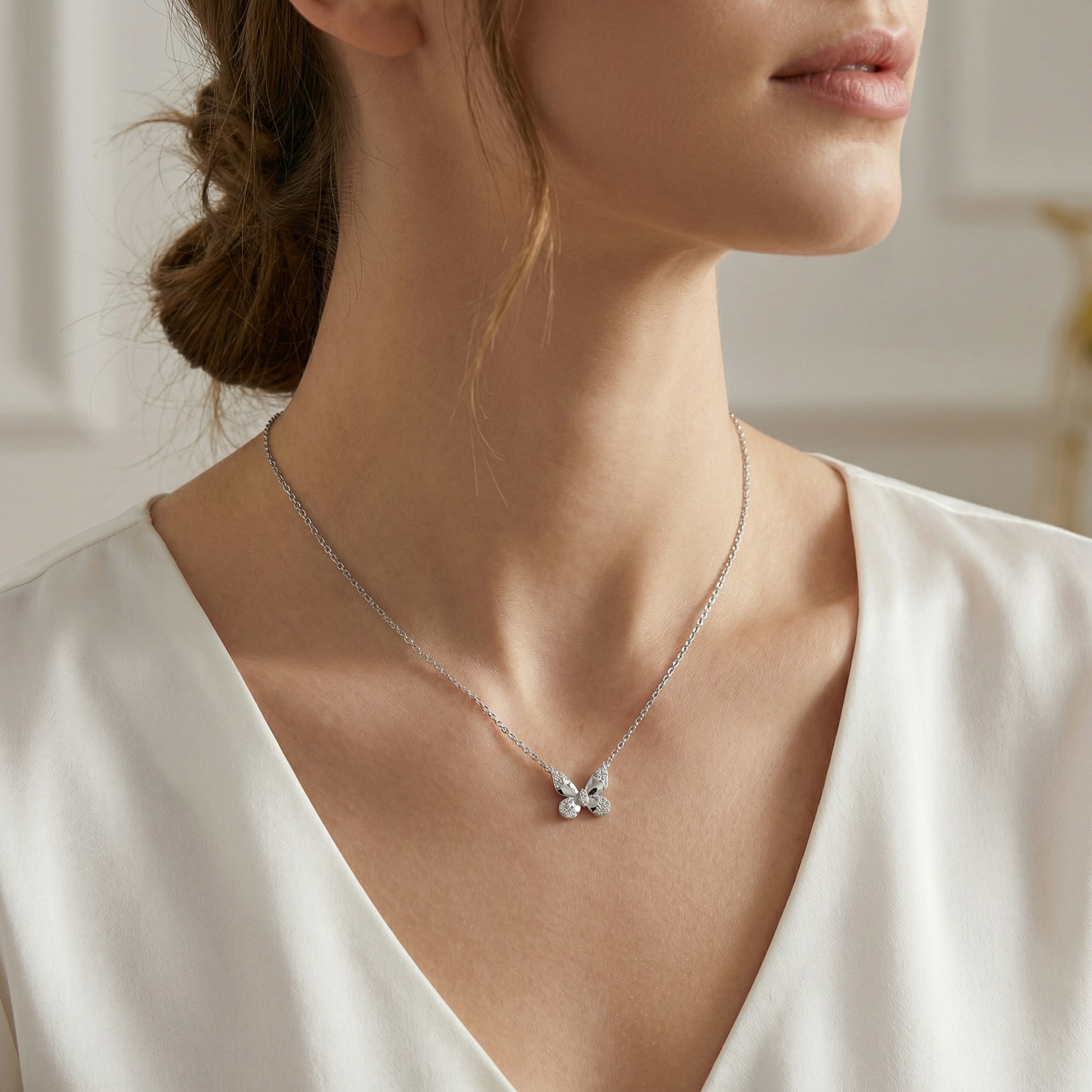 925 Sterling Silver Elegant Sterling Silver Butterfly Pendant Necklace with Round Cut Diamonds 