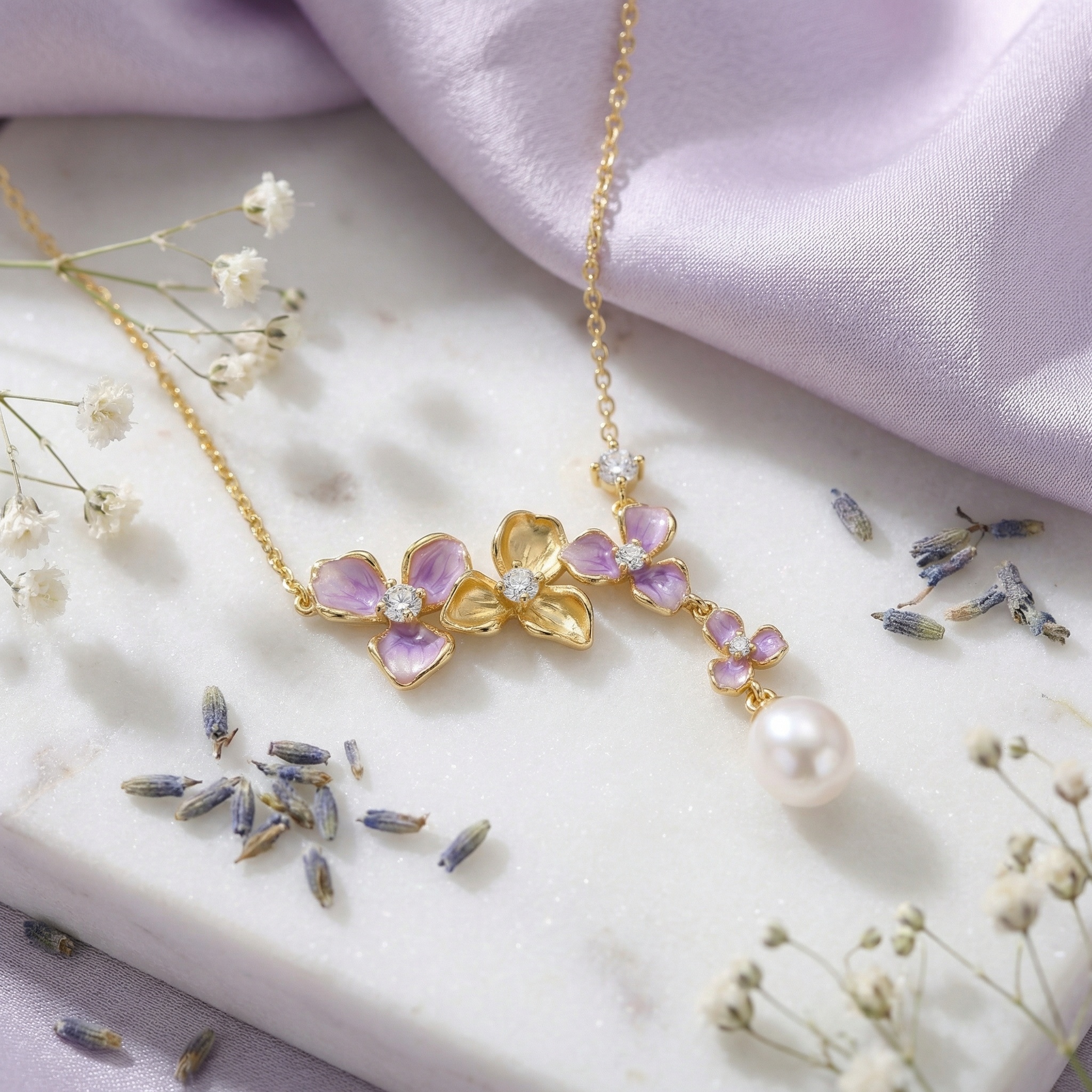Sterling Silver Floral Pearl Necklace, picture 3 of 3