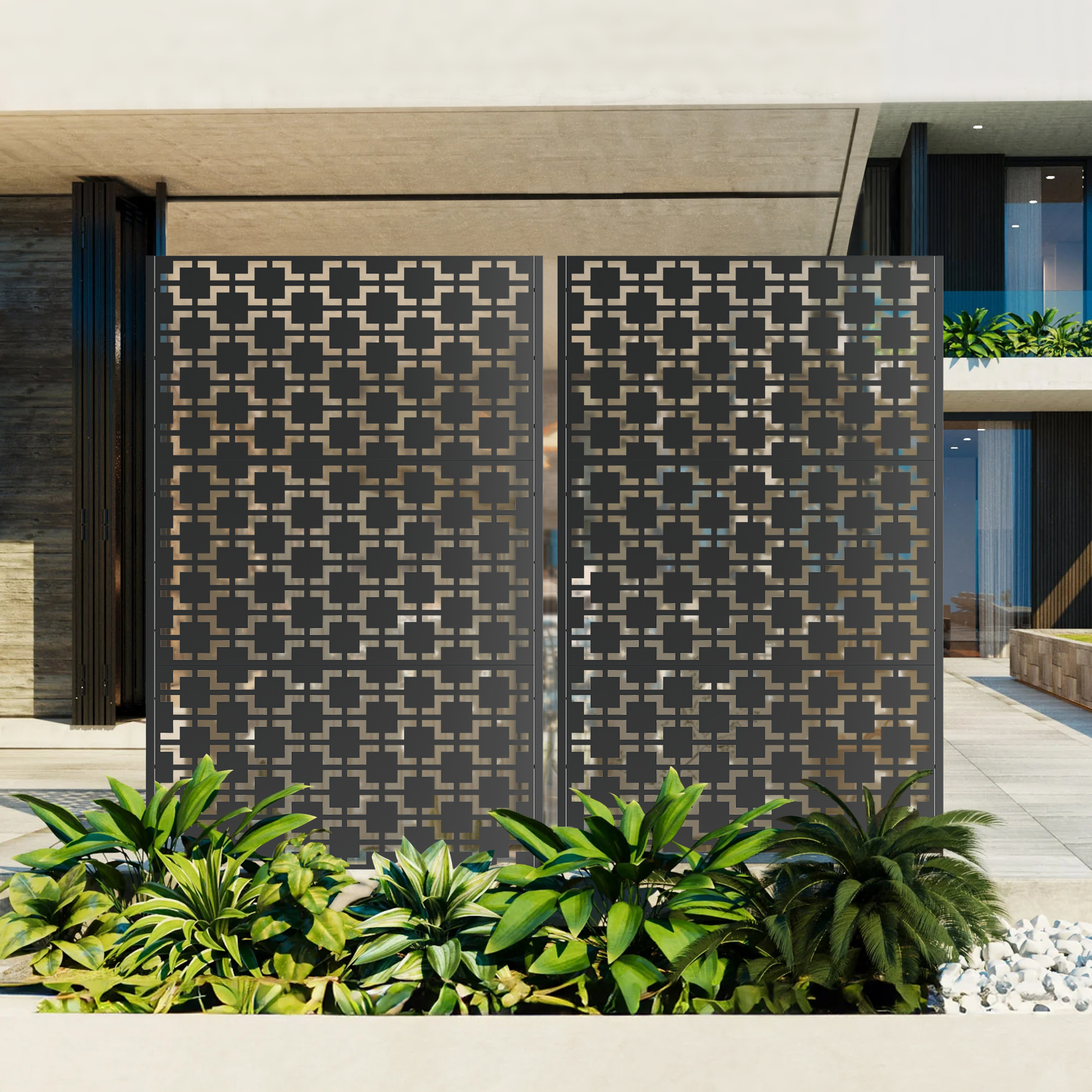 Metal Privacy Screen For Outdoor Freestanding, 72  H X 46  W Decorative Metal Fence Panels With Stable Base, Portable Divider Screens For Patio, Deck, Balcony, Backyard, Garden