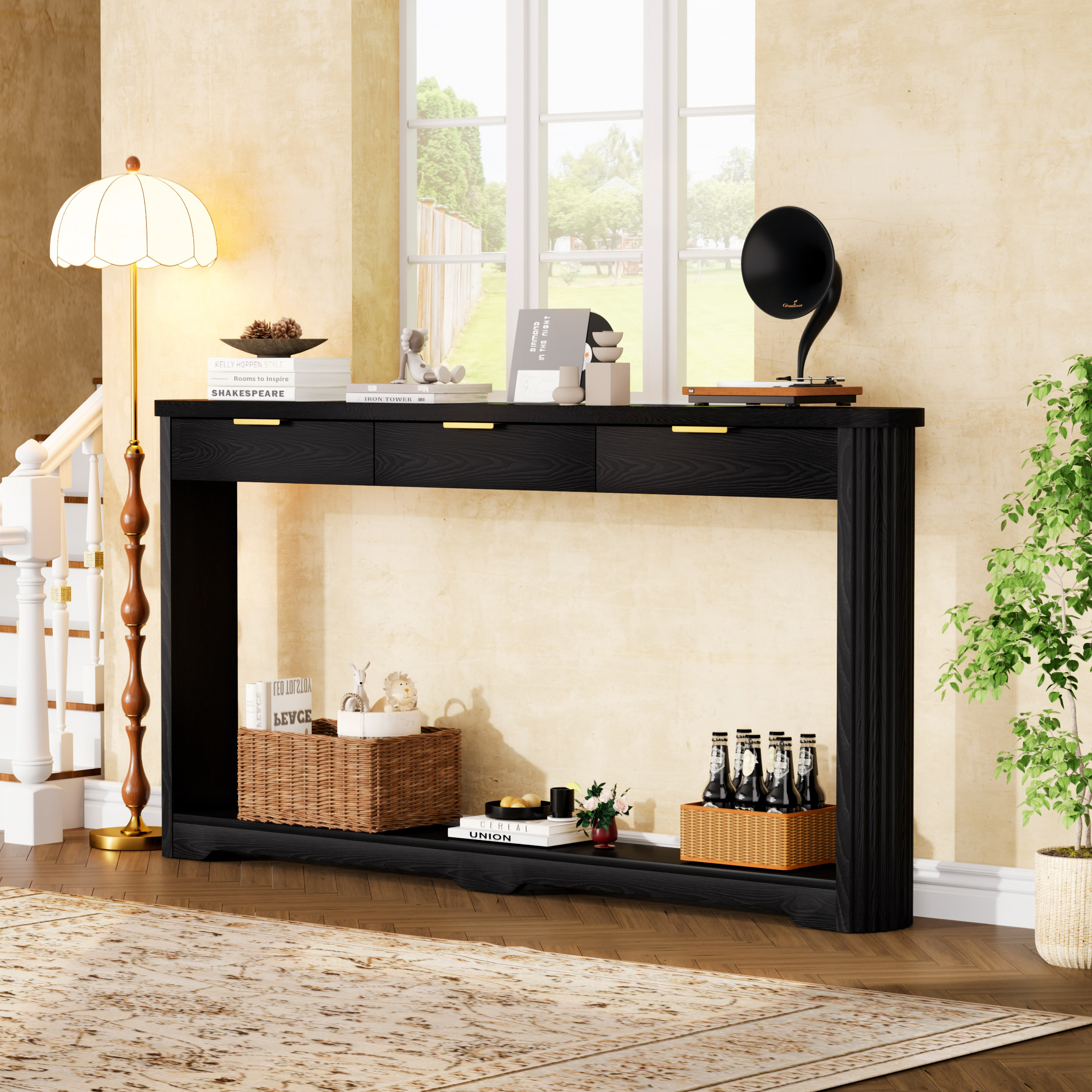 70.1  Wavy-Patterned Storage Table With Drawers, A Slim Wooden Side Table That Can Be Placed Behind A Sofa, Ideal For Entryways, Hallways, And Doorways.Black.70.1 Lx8.7 Wx35.5 H