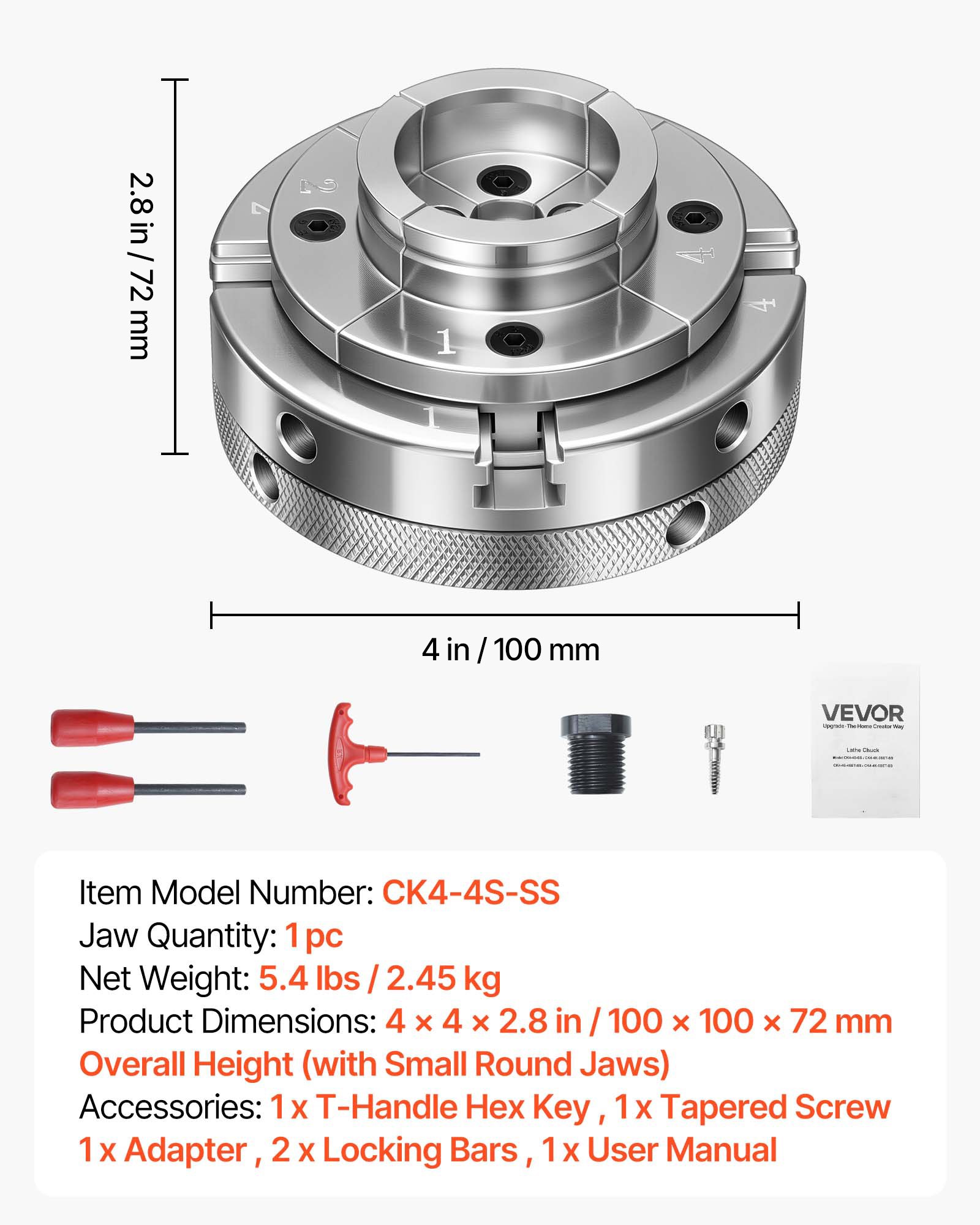 4 Inch Wood Lathe Chuck, 4-Jaw, Self-Centering Wood Turning Chuck Set With 1" X 8TPI Thread & Adapter, Nickel-Plated, High-Hardness Steel, Inside Clamping & Outside Support, For Woodworking - Image 1