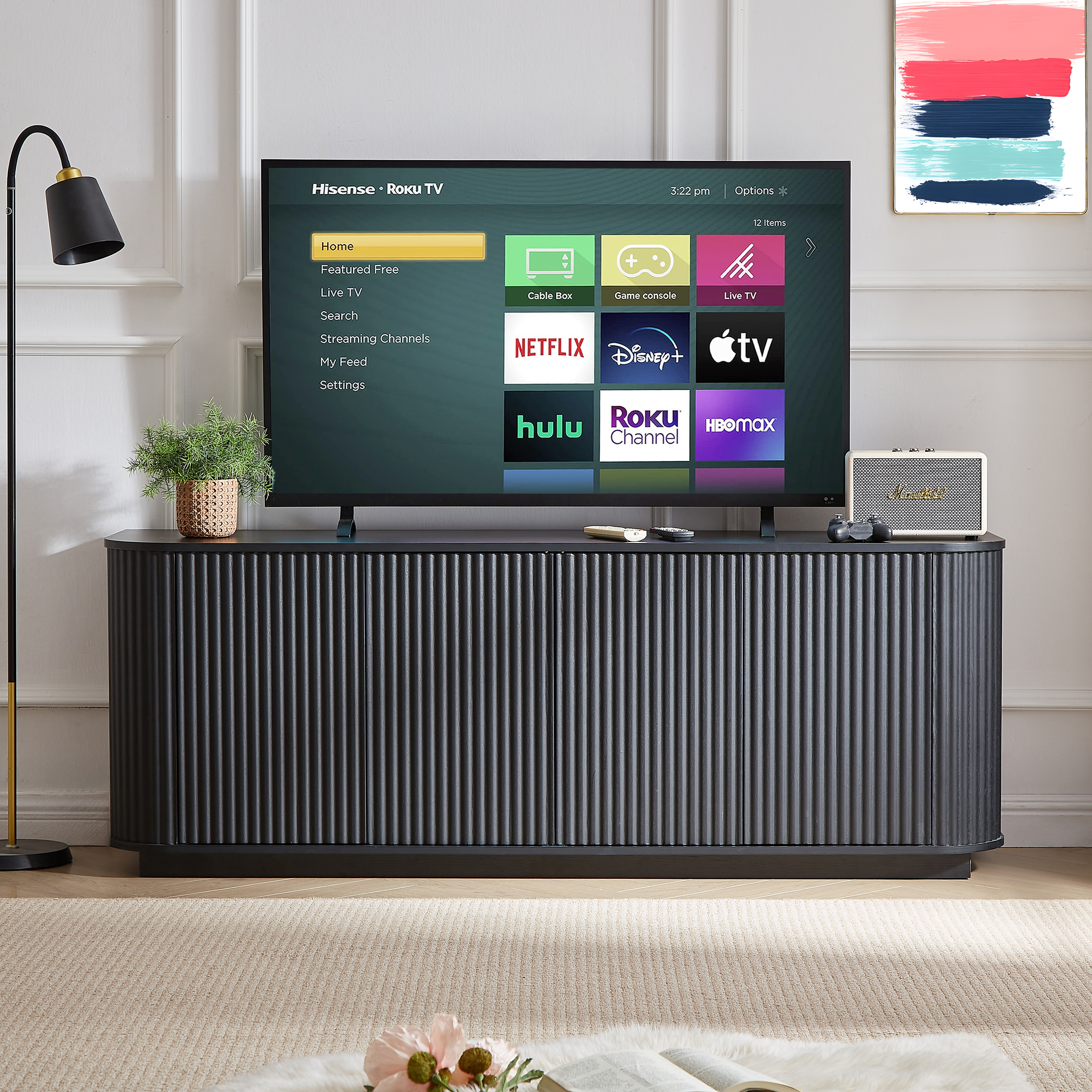 Sideboard Storage Cabinet TV Stand With Wave Pattern Buffet Cabinet Wooden Vertical Striped Cabinet For Kitchen Bedroom Entryway. Black, 64 W X 15 D X 24 H.