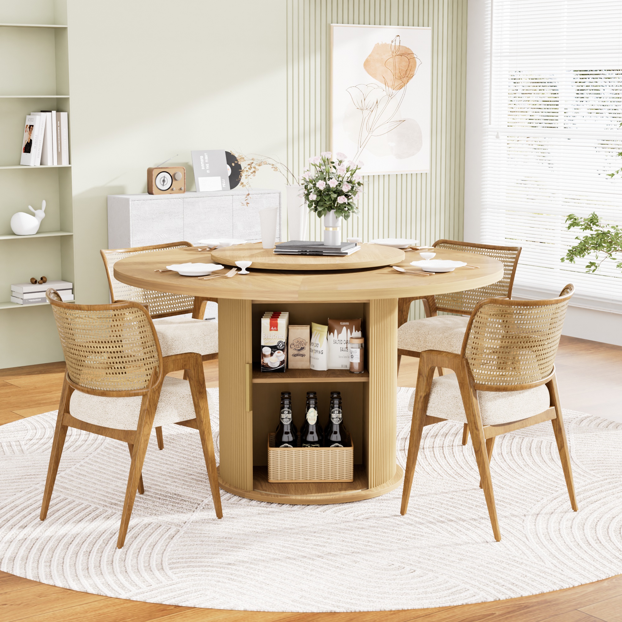 55-inch Round Dining Table For Six, Featuring A Double-tiered Storage Rack And A Rotating Tabletop Tray. Wooden Wavy-striped Sliding Doors. Ideal For Home Dining Room Living Room  Natural.