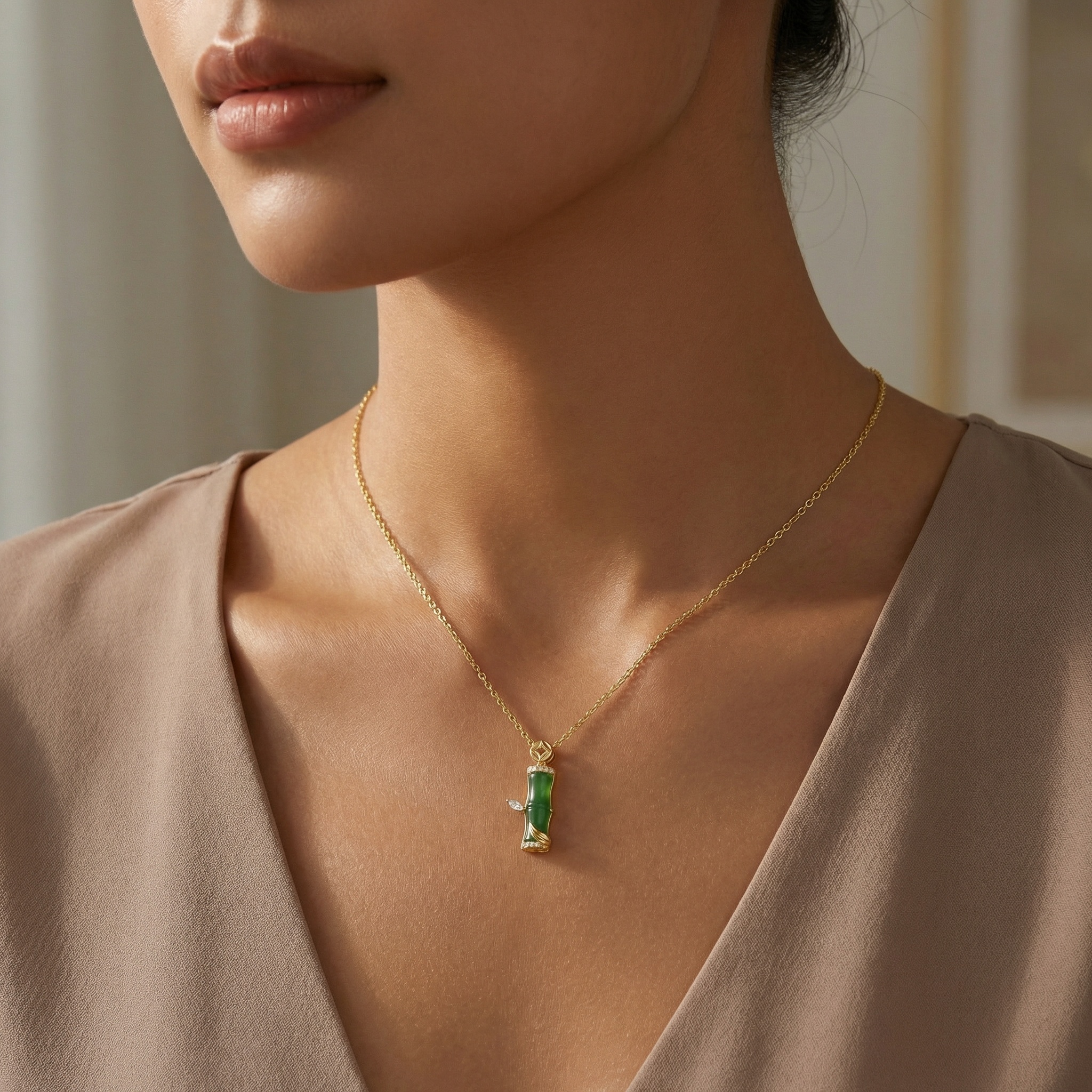925 Sterling Silver Elegant Jade Bamboo Pendant Necklace with Sparkling Diamond Accents and Delicate Leaf Detail