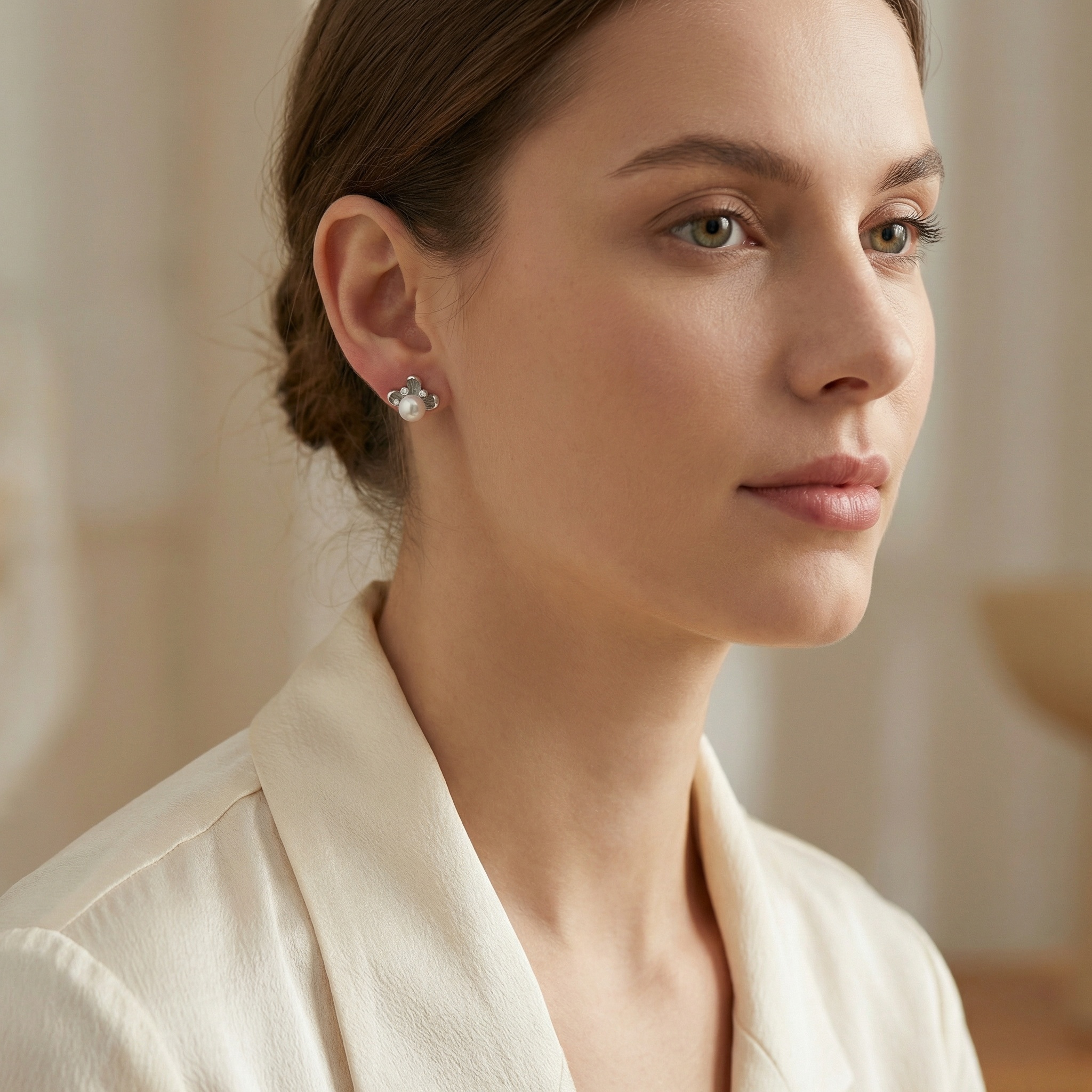 Sterling Silver Pearl Stud Earrings, picture 2 of 3