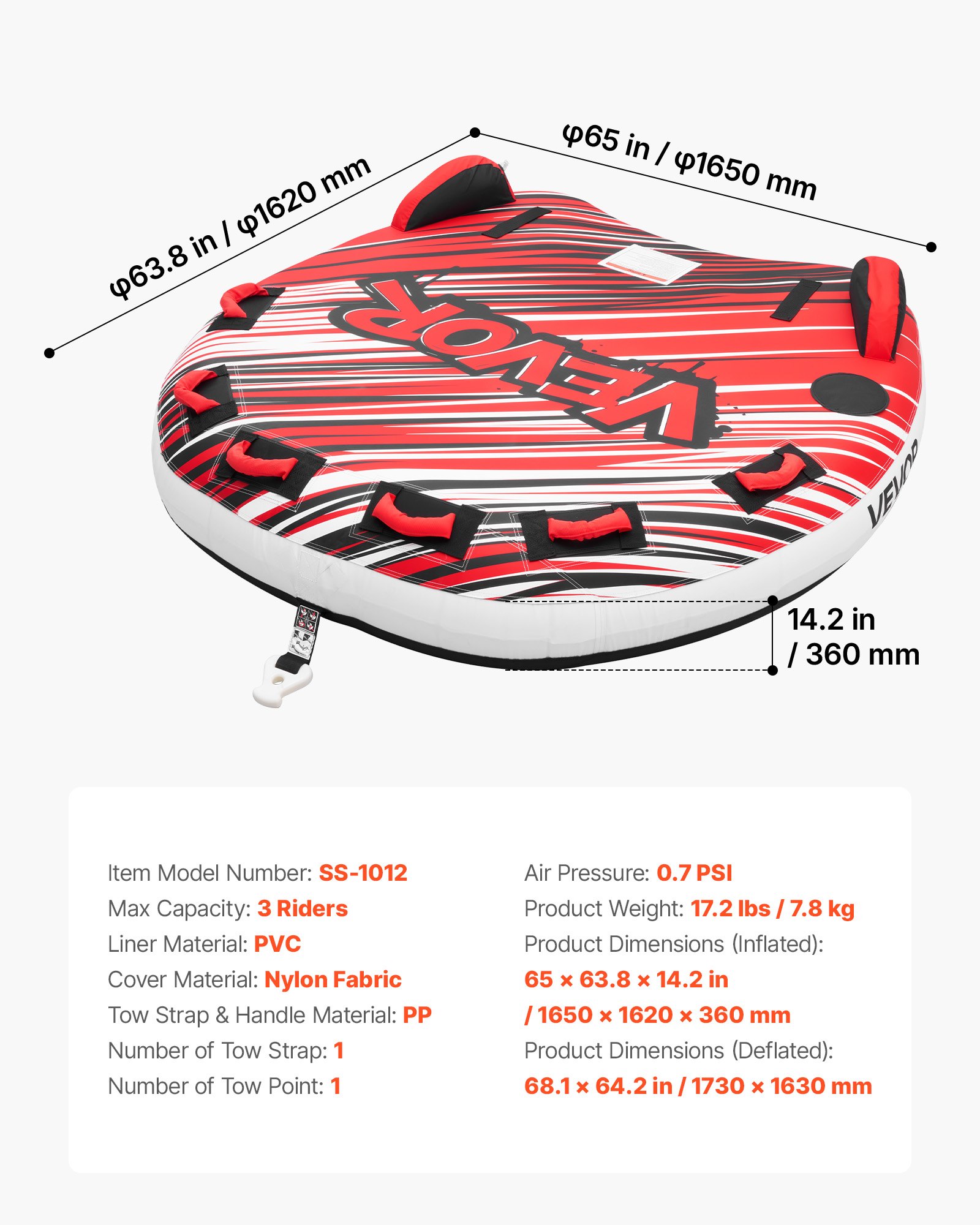 Towable Tube For Boating, 3 Riders Inflatable Boat Tubes And Towables, 510 Lbs Capacity Water Sport Towable Tube For Boat To Pull - With Fins, Full Nylon Cover, Padded Handles & Safety Valve