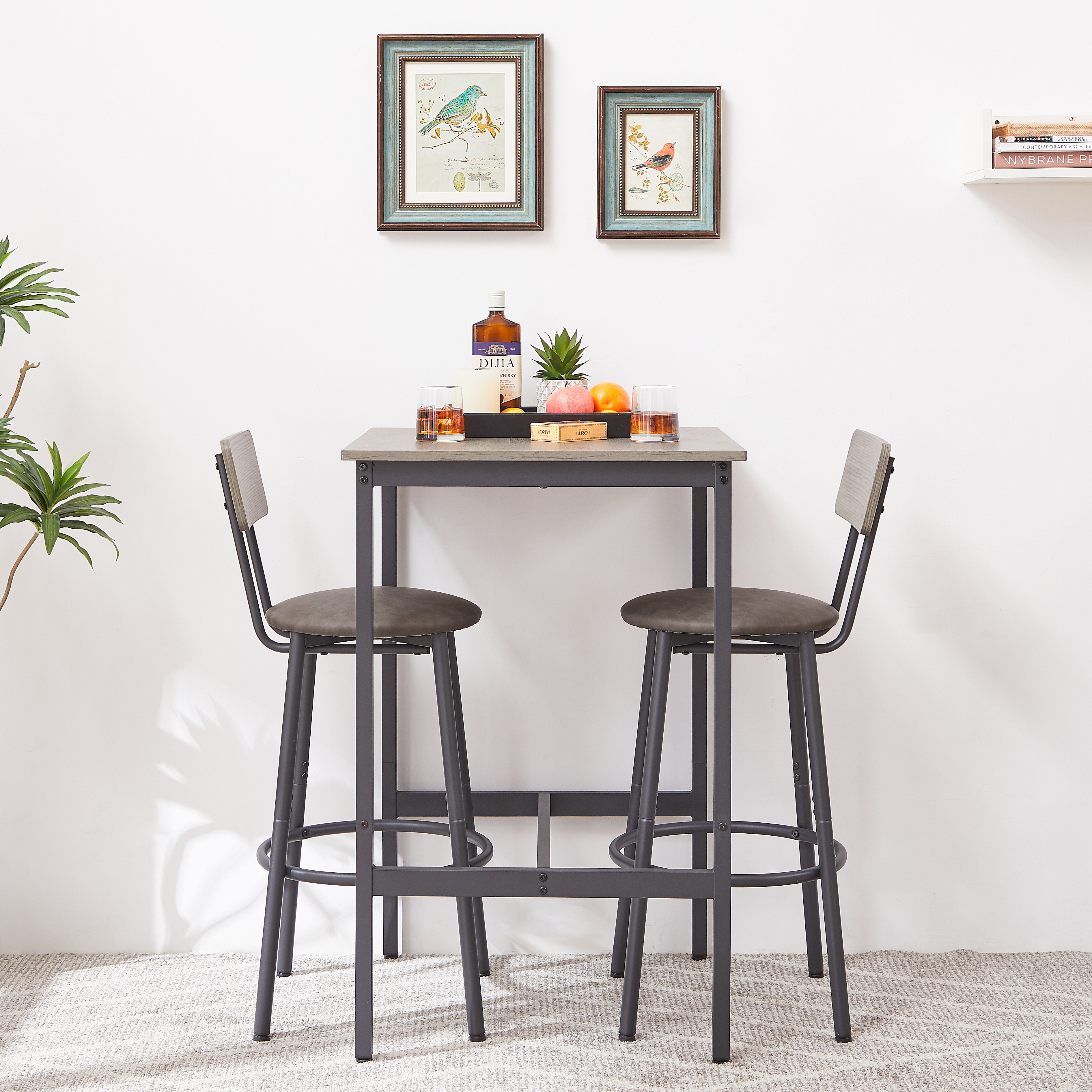 Bar Table Set With 2 Bar Stools PU Soft Seat With Backrest, Grey, 23.62  W X 23.62  D X 35.43  H