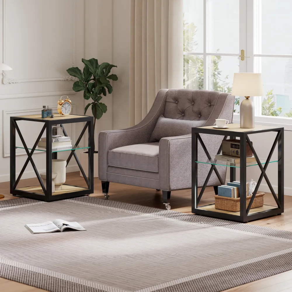 Set Of 2 Modern End Table Nightstand For Bedroom & Living Room, Tempered Glass & Natural Wood MDF Top , Industrial Style Side Table