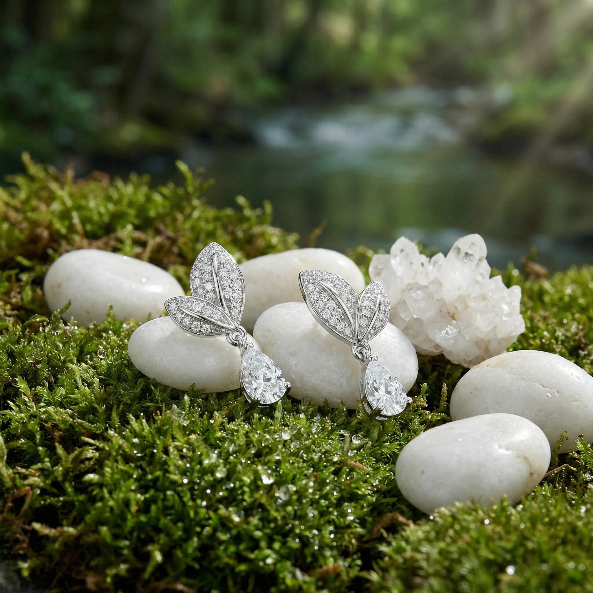 925 Sterling Silver Elegant Pear-Cut Diamond Drop Earrings with Nature-Inspired Leaf Design 
