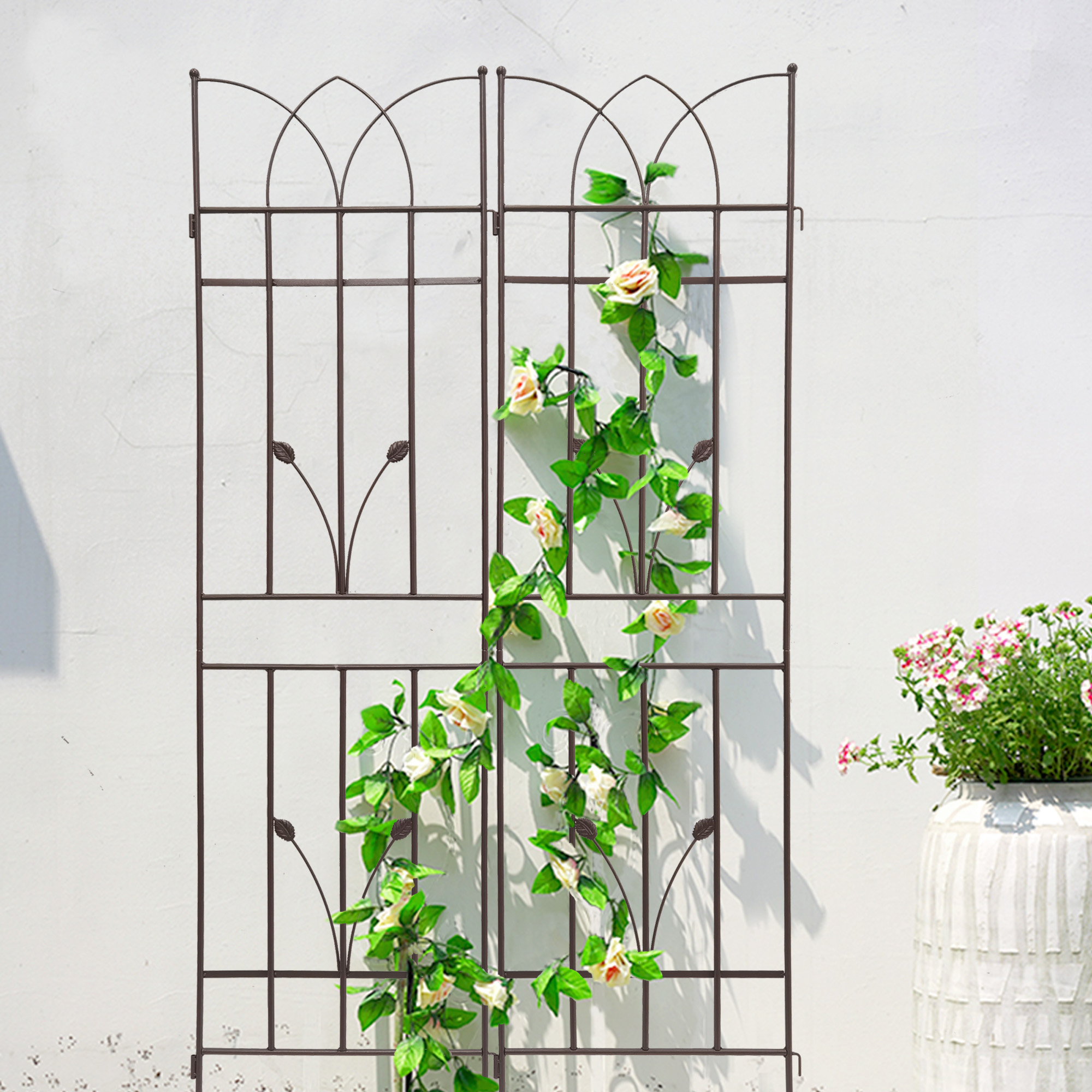 Metal Garden Trellis Set For Climbing Plants Rustproof Brown_voghion.com