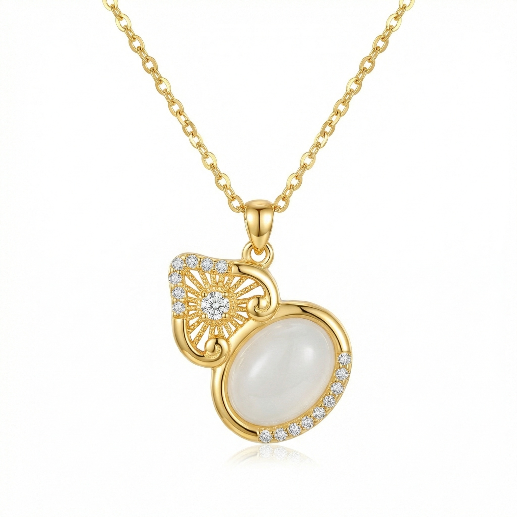 925 Sterling Silver Elegant Gourd Pendant Necklace with White Gemstone and Sparkling Accents