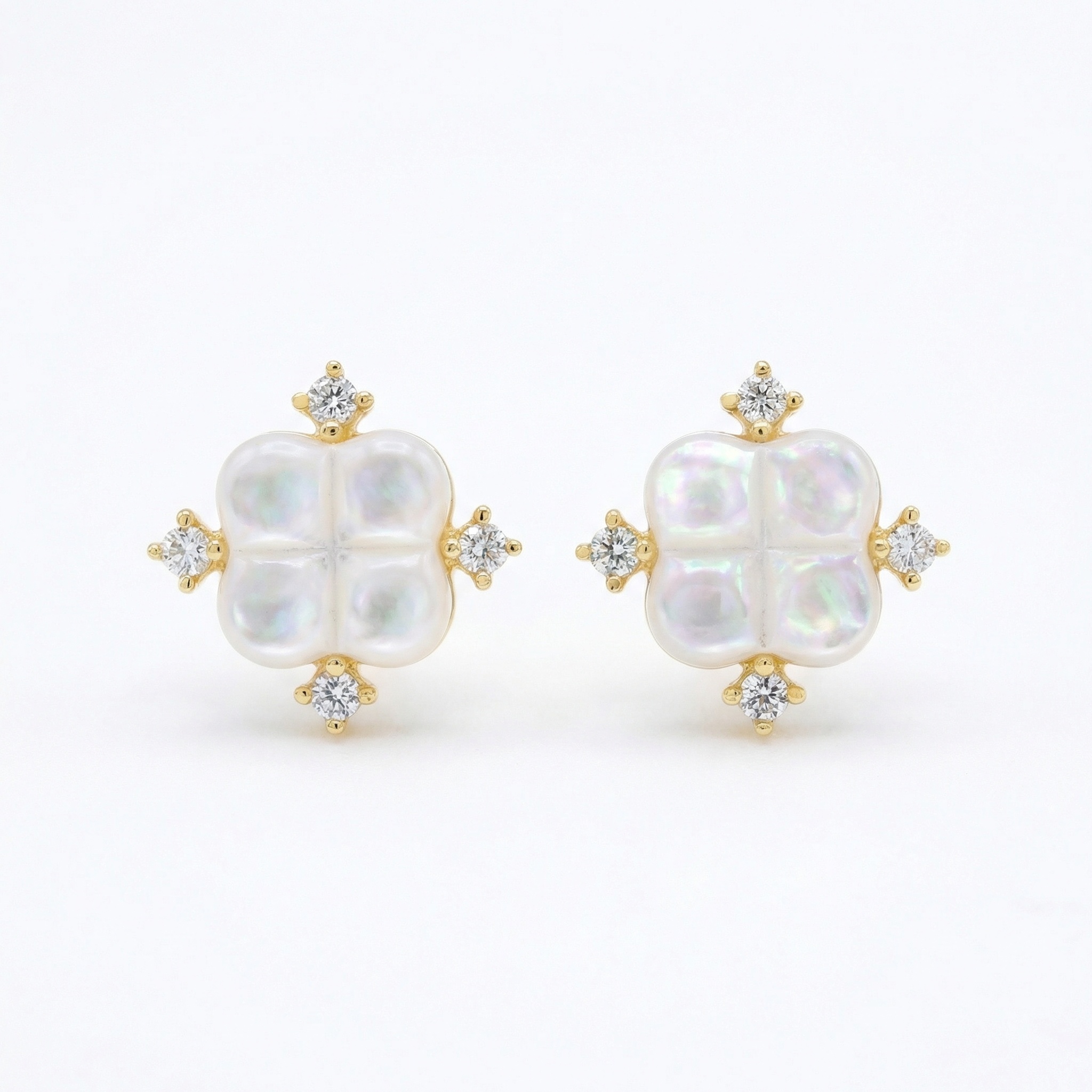 925 Sterling Silver Elegant Iridescent Quadrefoil Pearl Studs with Sparkling Brilliant-Cut Accents