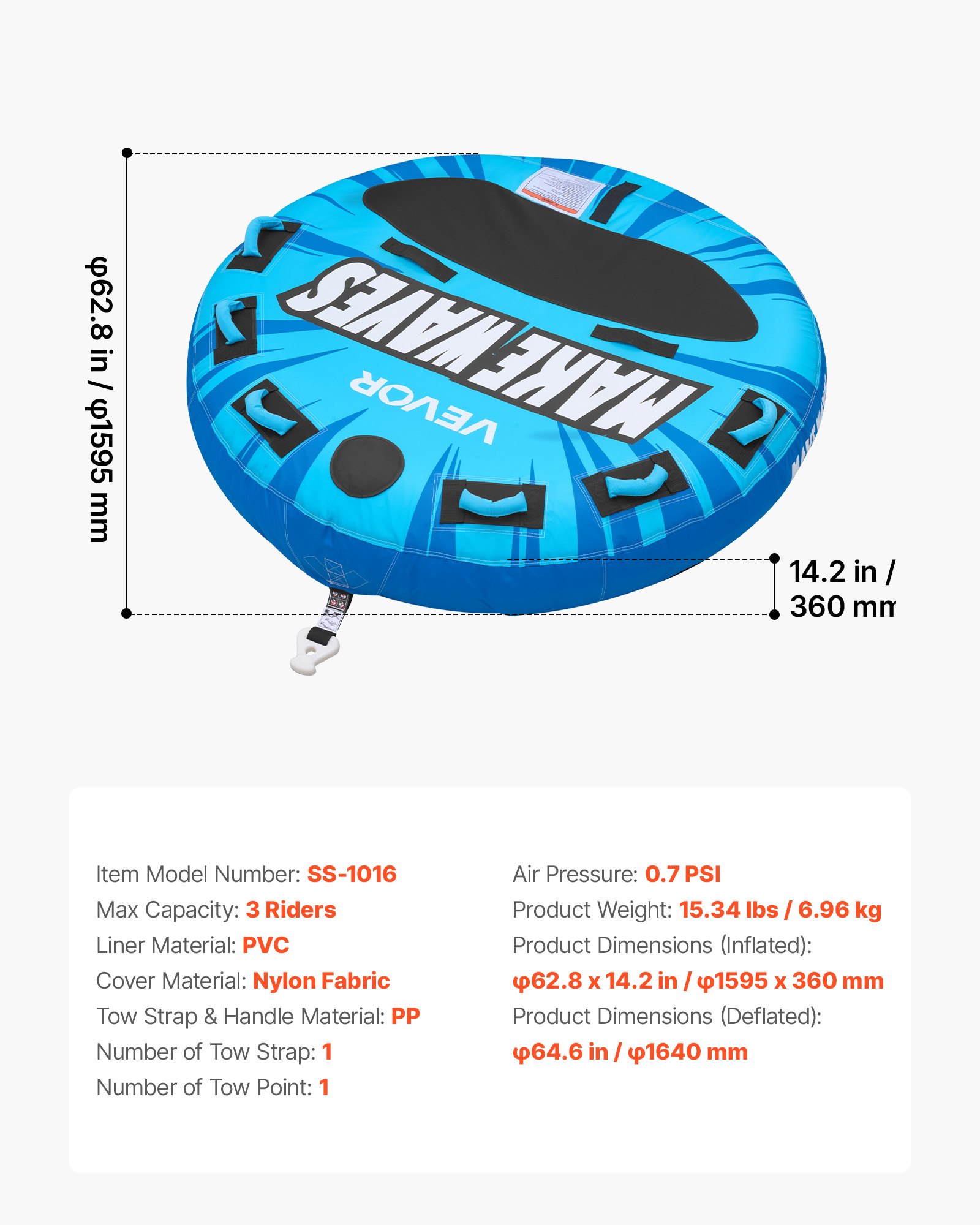 Towable Tubes For Boating, 3-Rider Inflatable Boat Tubes And Towables, 510lbs Capacity Water Sport Tube For Boat To Pull - With Anti-Slip Pad, Full Nylon Cover, Padded Handles & Safety Valve