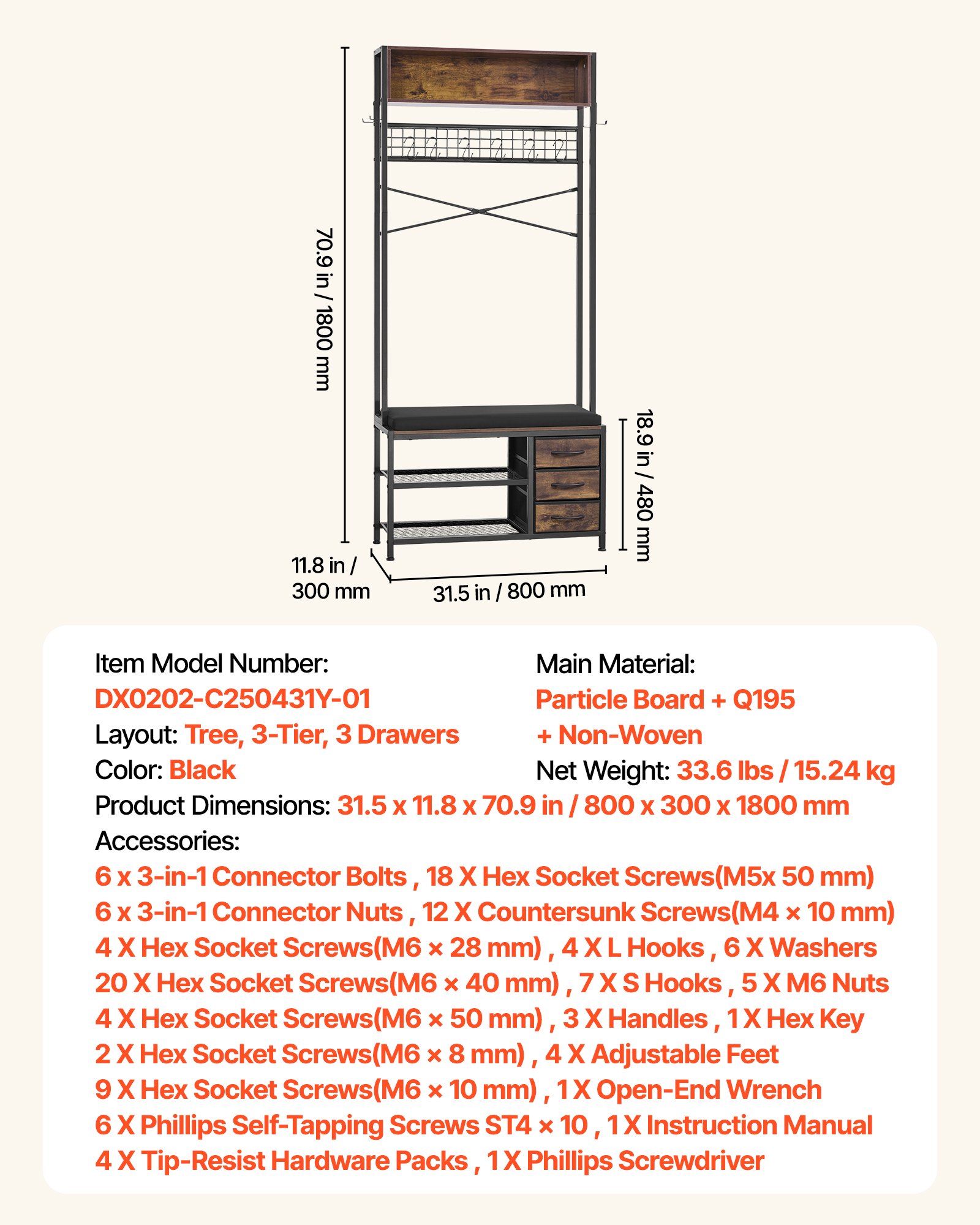 Hall Tree, 70.9 In Coat Rack With Shoe Bench & 3 Drawers, 3-in-1 Freestanding Shoe Rack Storage Organizer With Bookshelf & Wire Shelf, Steel Frame Entrance Coat Holder For Entry, Bedroom, Closet