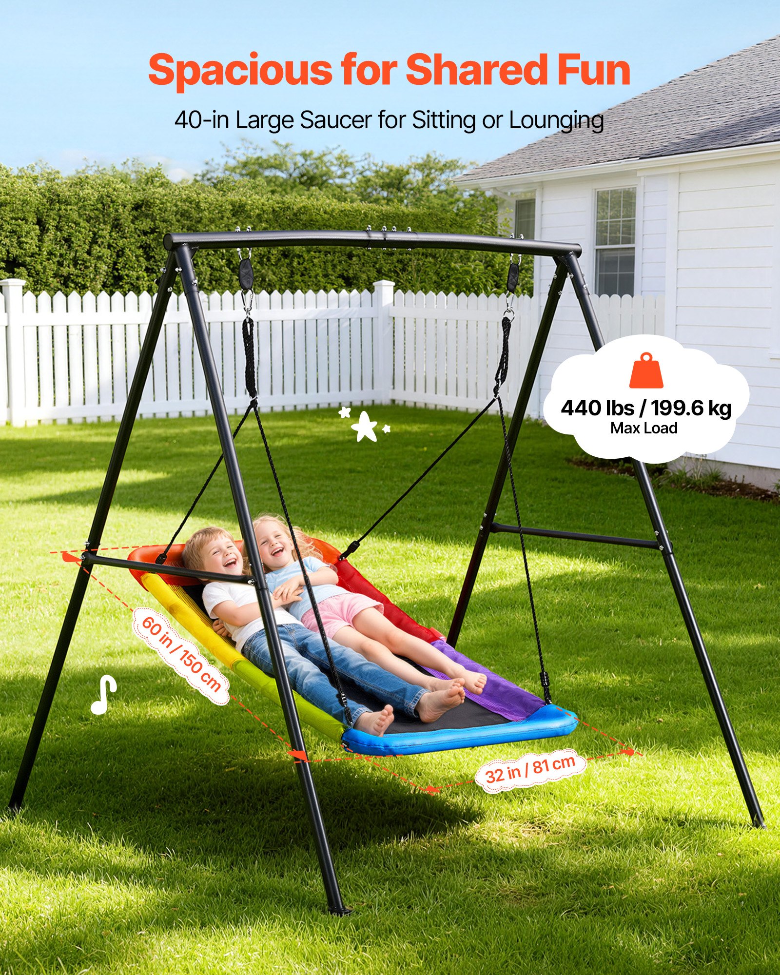 Swing Set For Backyard, 60 X 32 In Swing Seat With Heavy Duty A-Frame Metal Stand, 440 Lbs Load Capacity, Reinforced With Spiral Ground Anchors, Swingset Outdoor For Kids, Black And Colorful