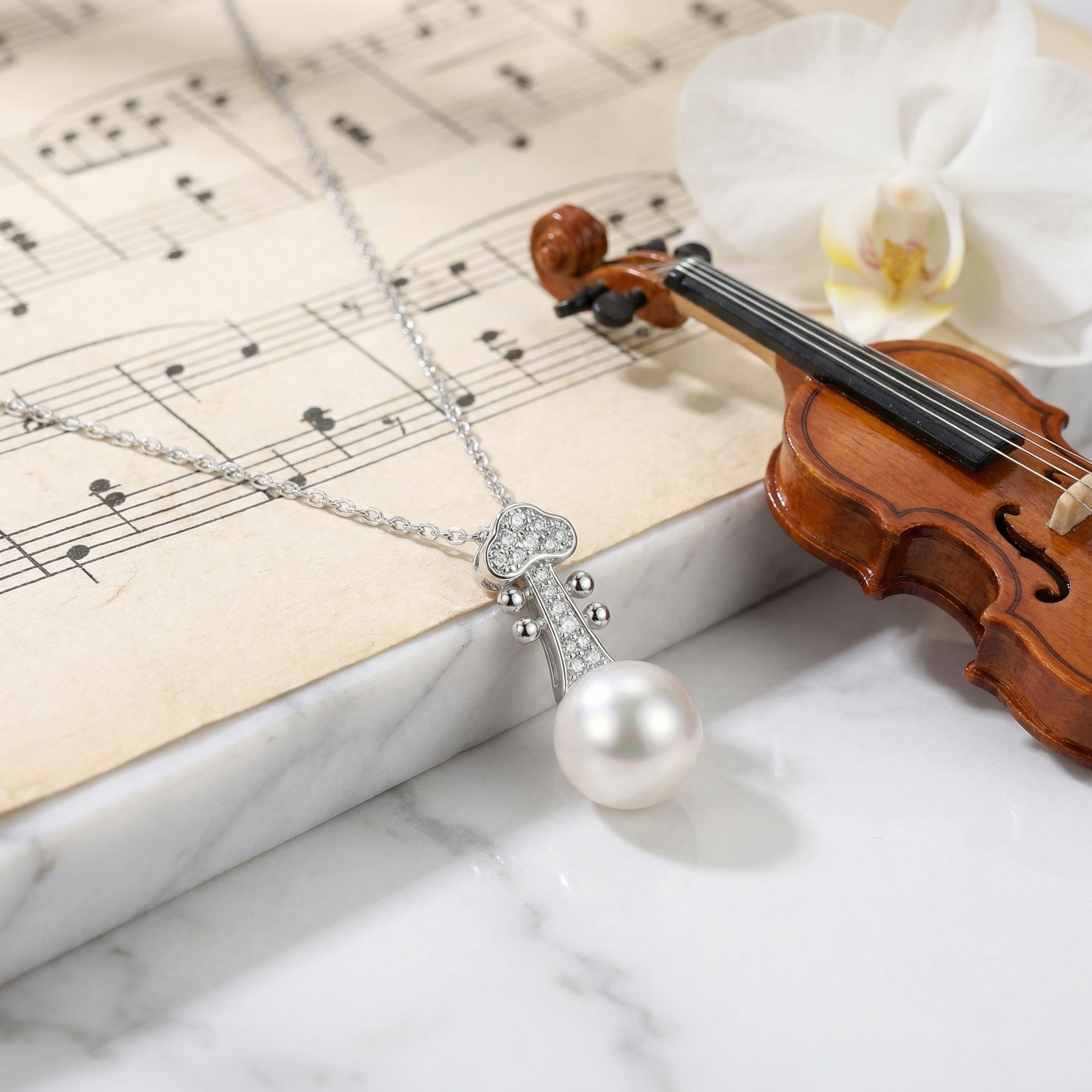 Sterling Silver Violin Pearl Pendant Necklace, picture 3 of 3