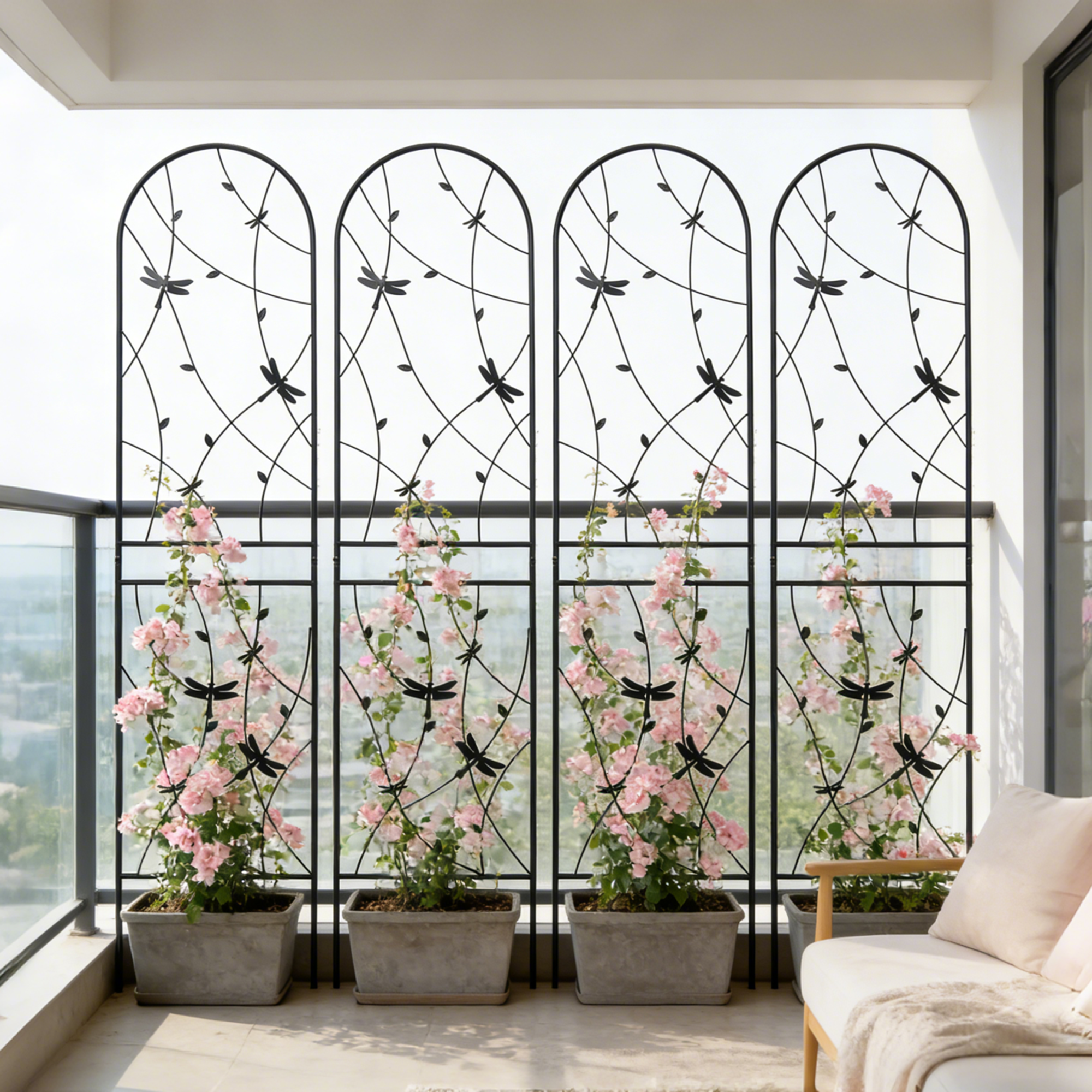 4 Pack Metal Garden Trellis 86.7  X 19.7  Rustproof Trellis For Climbing Plants Outdoor Flower Support Dragonfly Deco Black