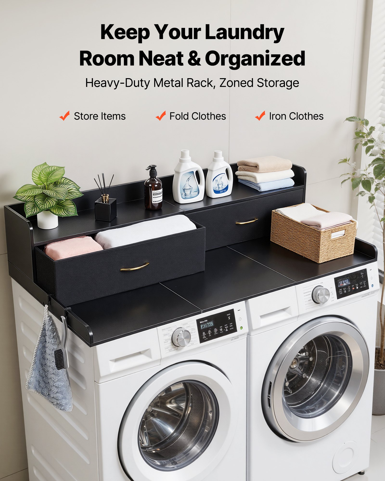 Washer Dryer Countertop With Shelf, 54 X 27.5 In Wooden Washer And Dryer Topper With 2 Drawers & 2 Hooks, Laundry Machine Topper For Laundry Closet Pantry Counter Organization And Storage, Black