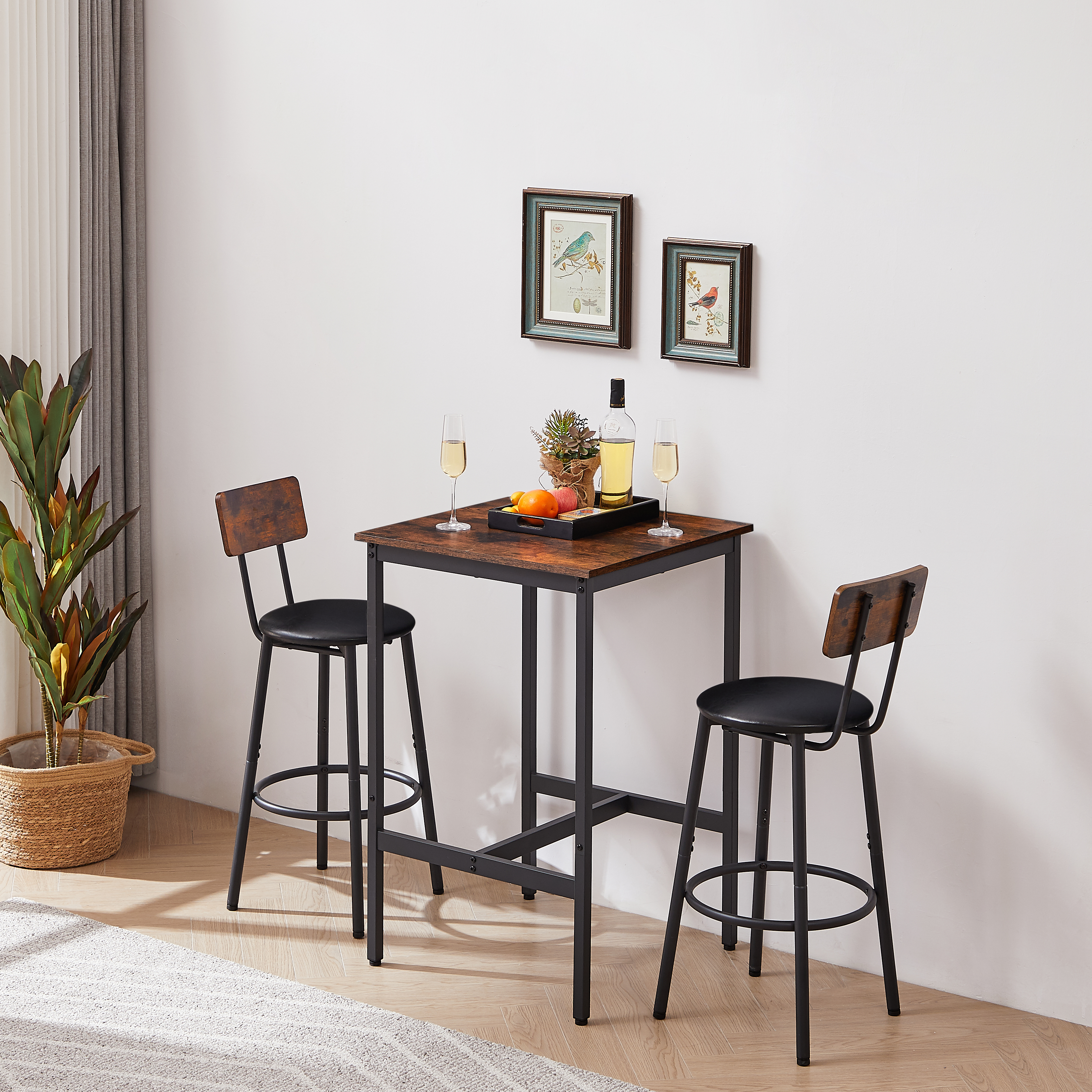 Bar Table Set With 2 Bar Stools PU Soft Seat With Backrest, Rustic Brown, 23.62  W X 23.62  D X 35.43  H - Image 1
