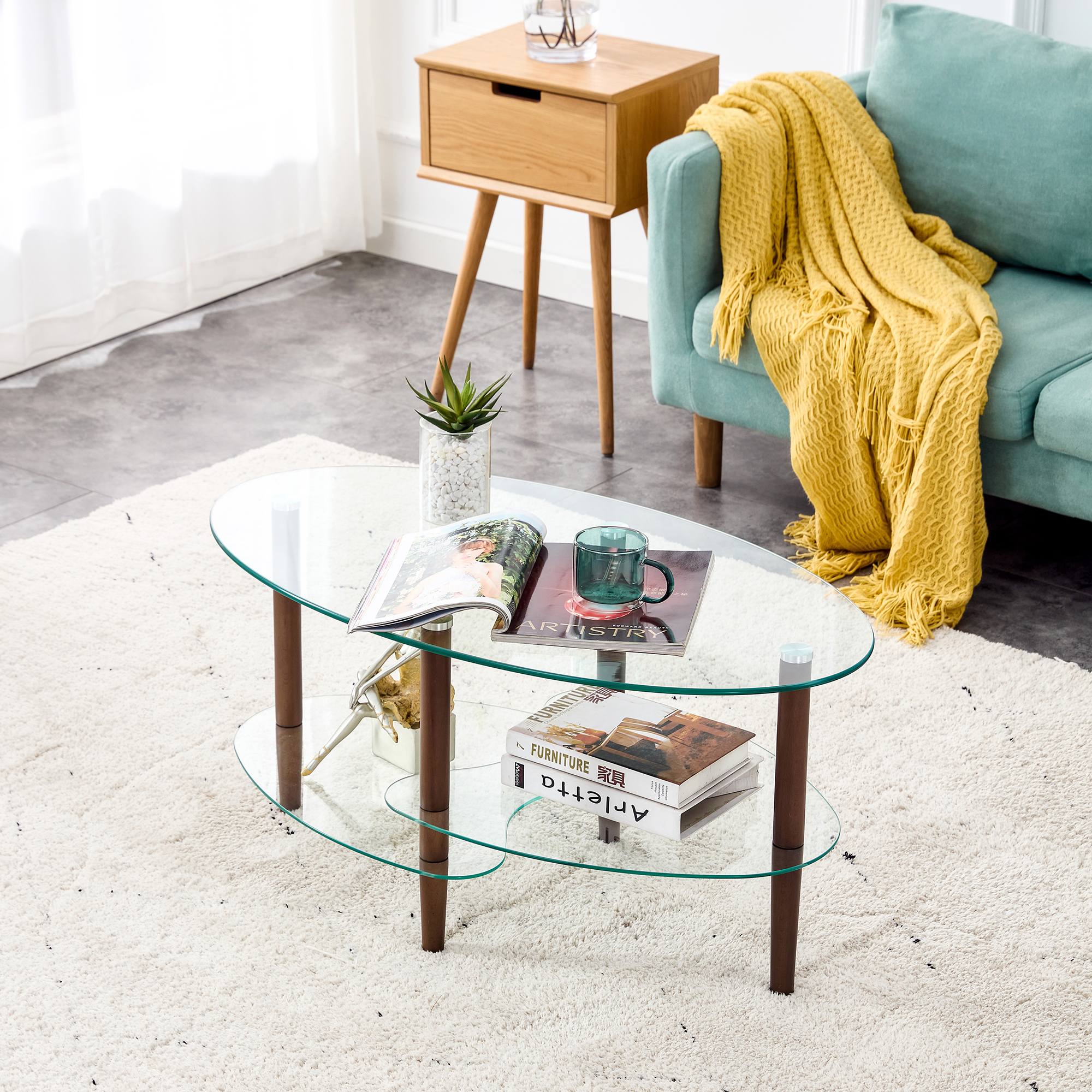 Transparent Oval Glass Coffee Table, Modern Table In Living Room Oak Wood Leg Tea Table 3-layer  Glass Table