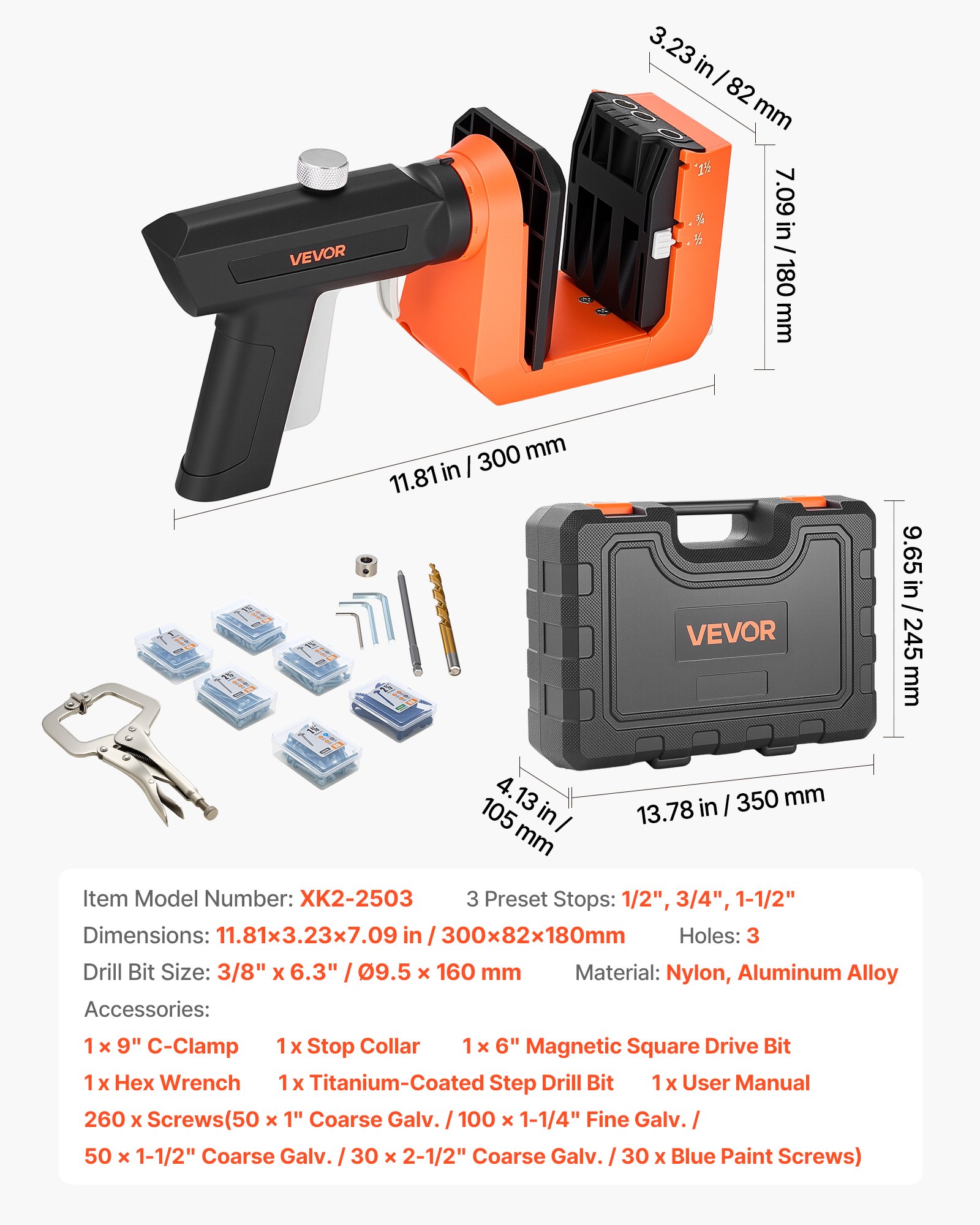 Pocket Hole Jig Kit, 1/2", 3/4", 1-1/2" Adjustable, 360° Rotating Handle, Jig Pocket Hole System With 260 Screws, C-Clamp, Stop Collar, Drill Bit, Easy Clamping And Adjusting, For Woodworking - Image 1