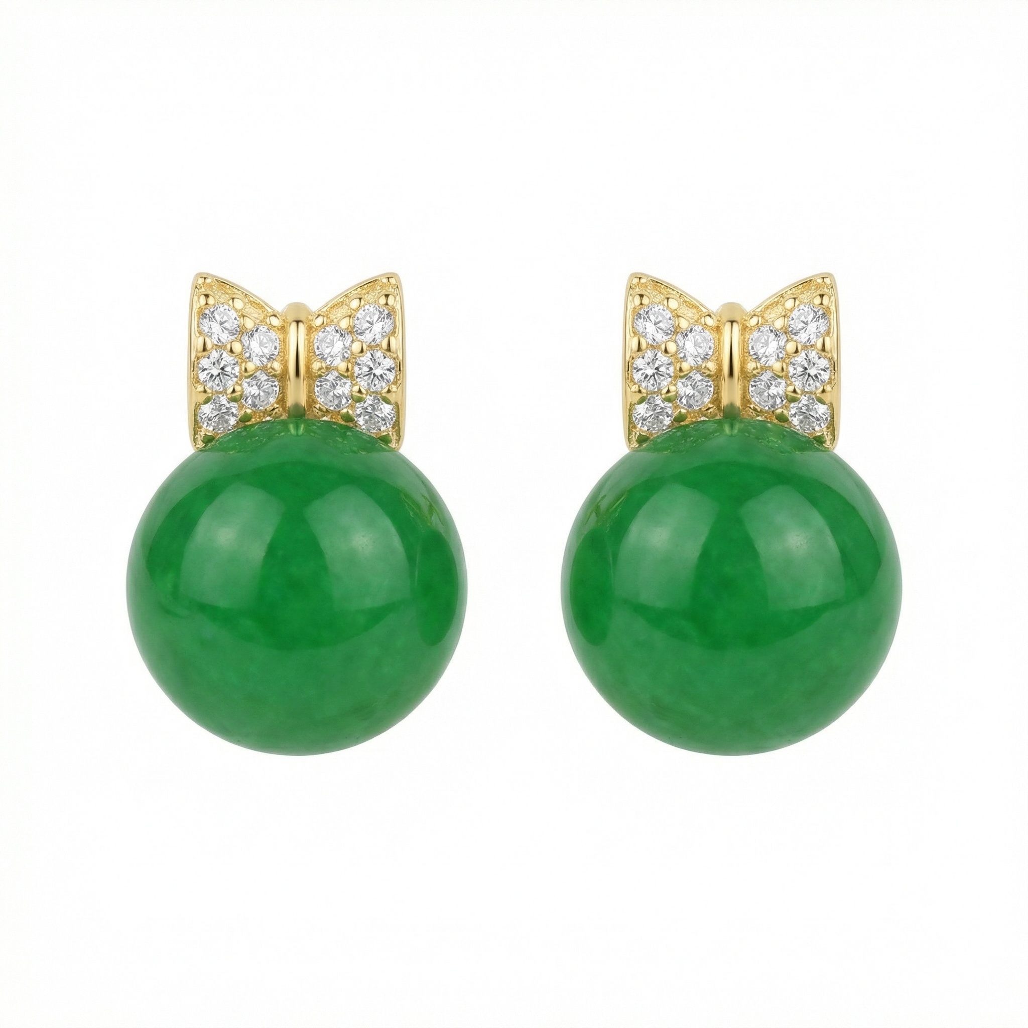 925 Sterling Silver Elegant Green Jadeite Sphere Bow Stud Earrings with Sparkling Accents