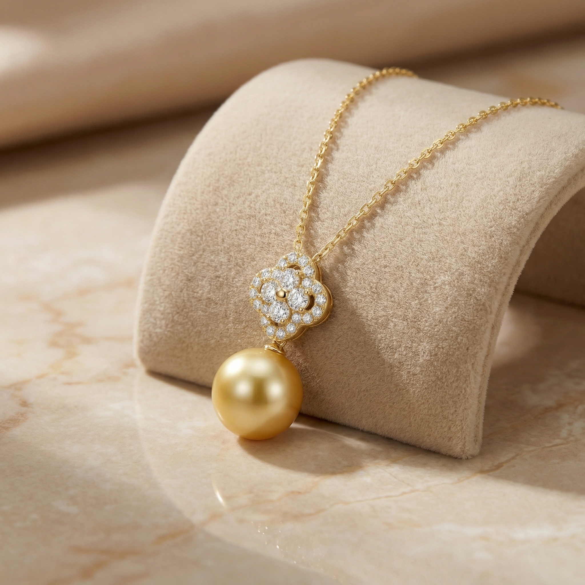 925 Sterling Silver Elegant Diamond Quatrefoil Necklace Featuring a Lustrous South Sea Pearl 