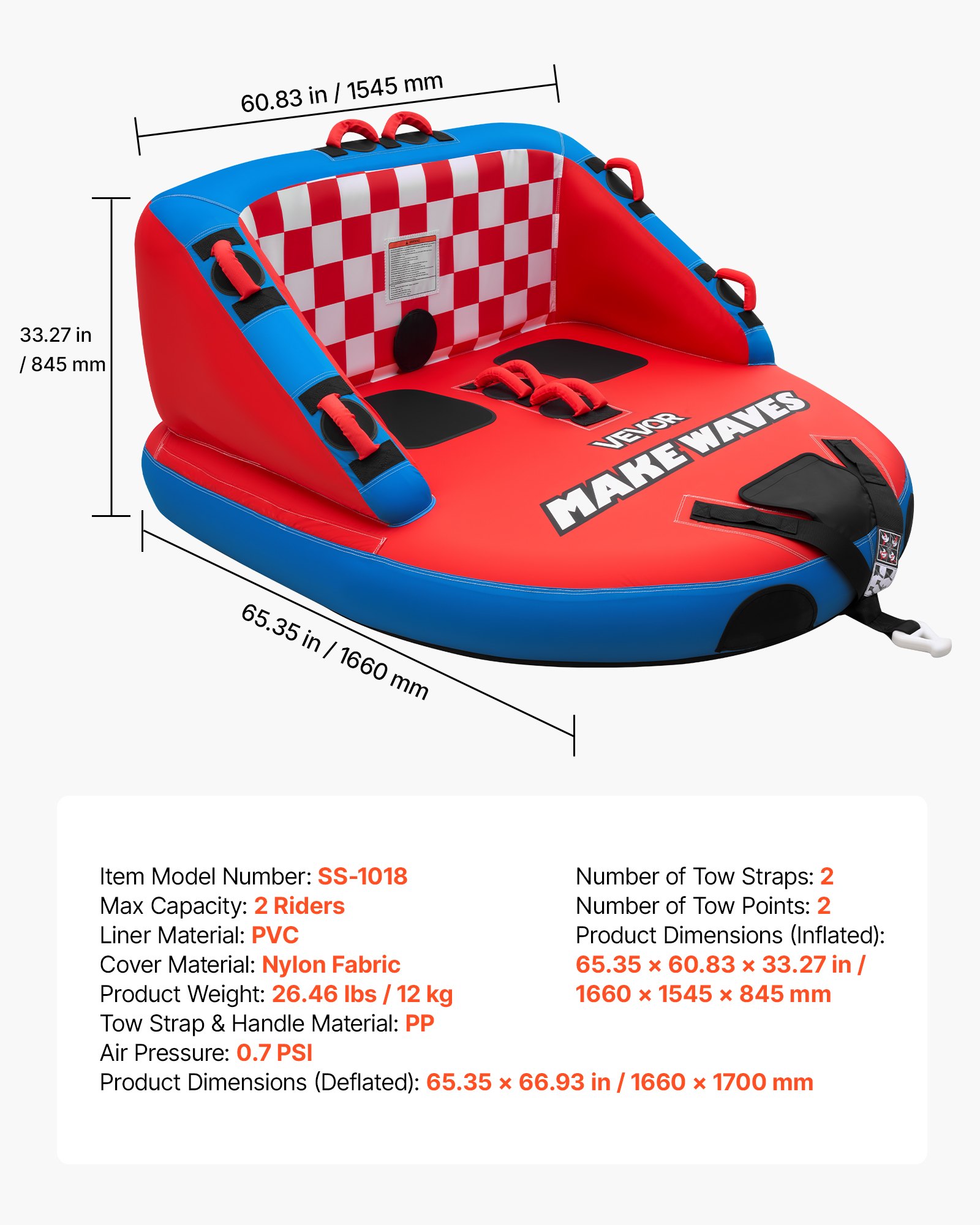 Towable Tubes For Boating, 2-Rider Inflatable Towable Tube For Boat To Pull, 340 Lbs Capacity Water Sports Boating Tubes - With Full Nylon Cover, Dual Tow Points, Safety Valve & Padded Handles - Image 1