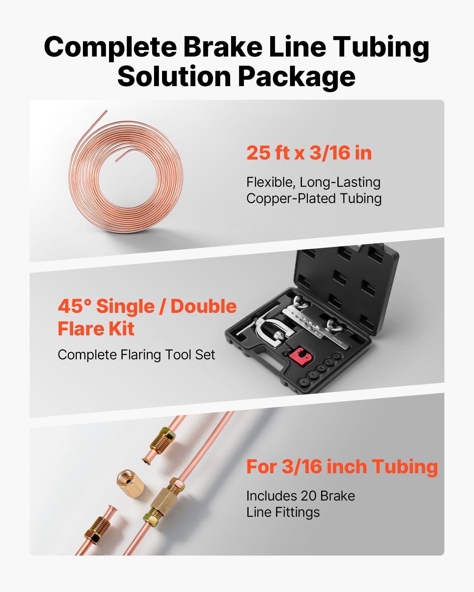 3/16" Brake Line Repair Kit, 45° Double & Single Brake Line Flaring Tool Kit, 25FT Copper Coated Brake Line (with 16 Fittings & 4 Unions) - Tube Cutter, 5 Adapters And Toolbox Included